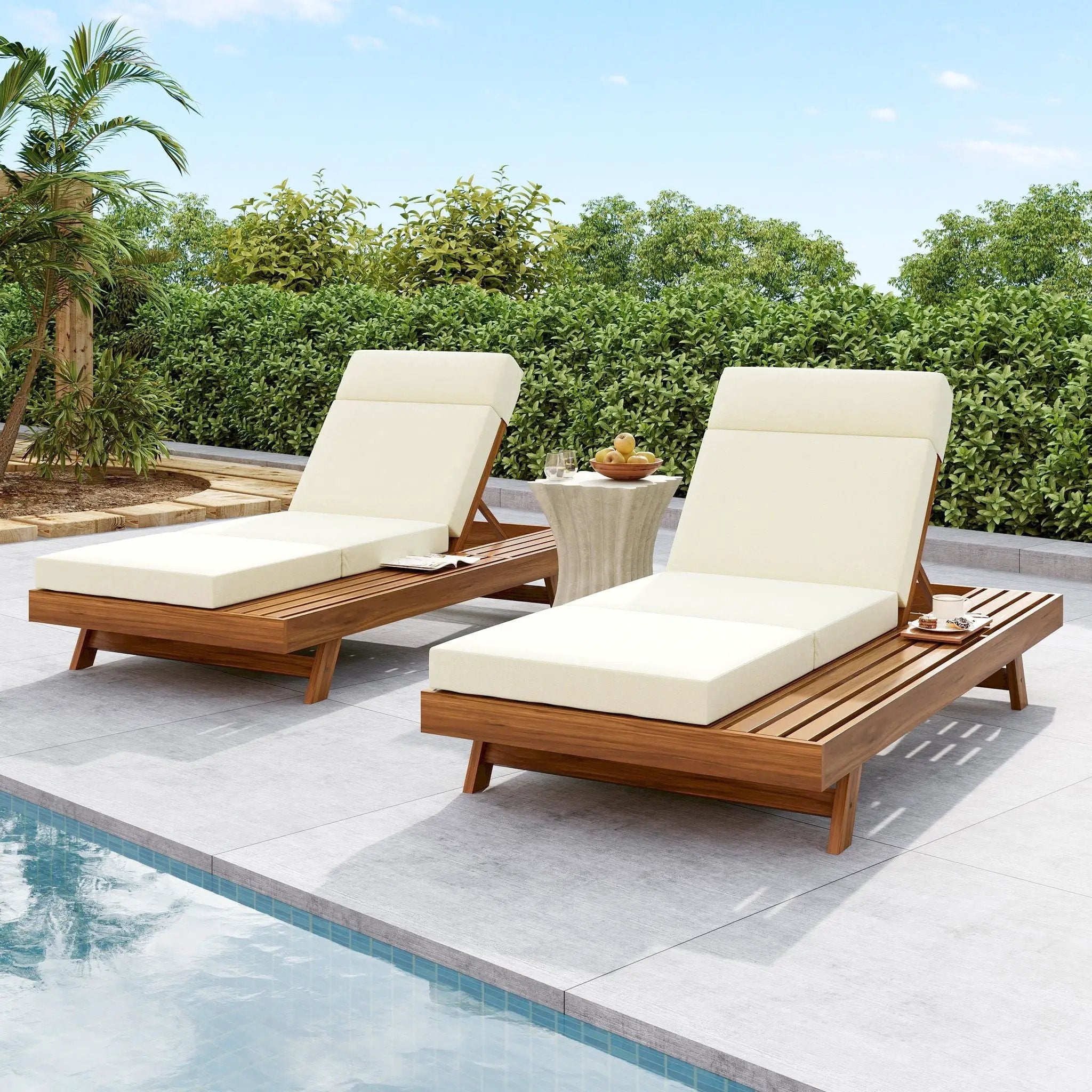 Acacia Wood Lounge Chaise Set With Headrest And Water Resistant Cushions - Beige by HouseOfZazla