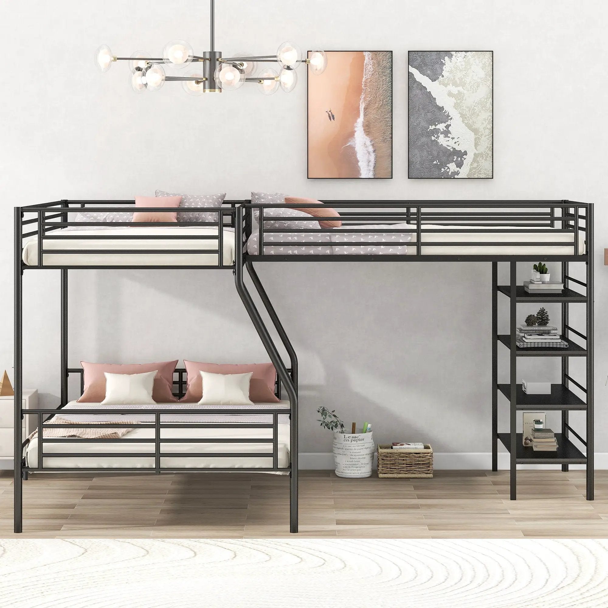 L-Shaped Twin Over Full Bunk Bed And Twin Loft Bed With 4 Built In Shelves - Black by Unique Piece Furniture