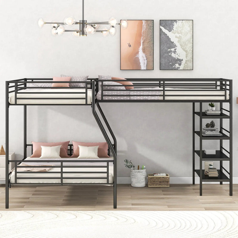 L-Shaped Twin Over Full Bunk Bed And Twin Loft Bed With 4 Built In Shelves - Black by Unique Piece Furniture