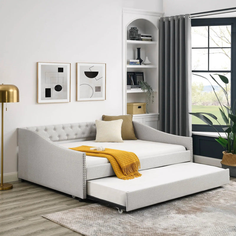 Upholstered Tufted Daybed With Drawers, Waved Arms by Unique Piece Furniture