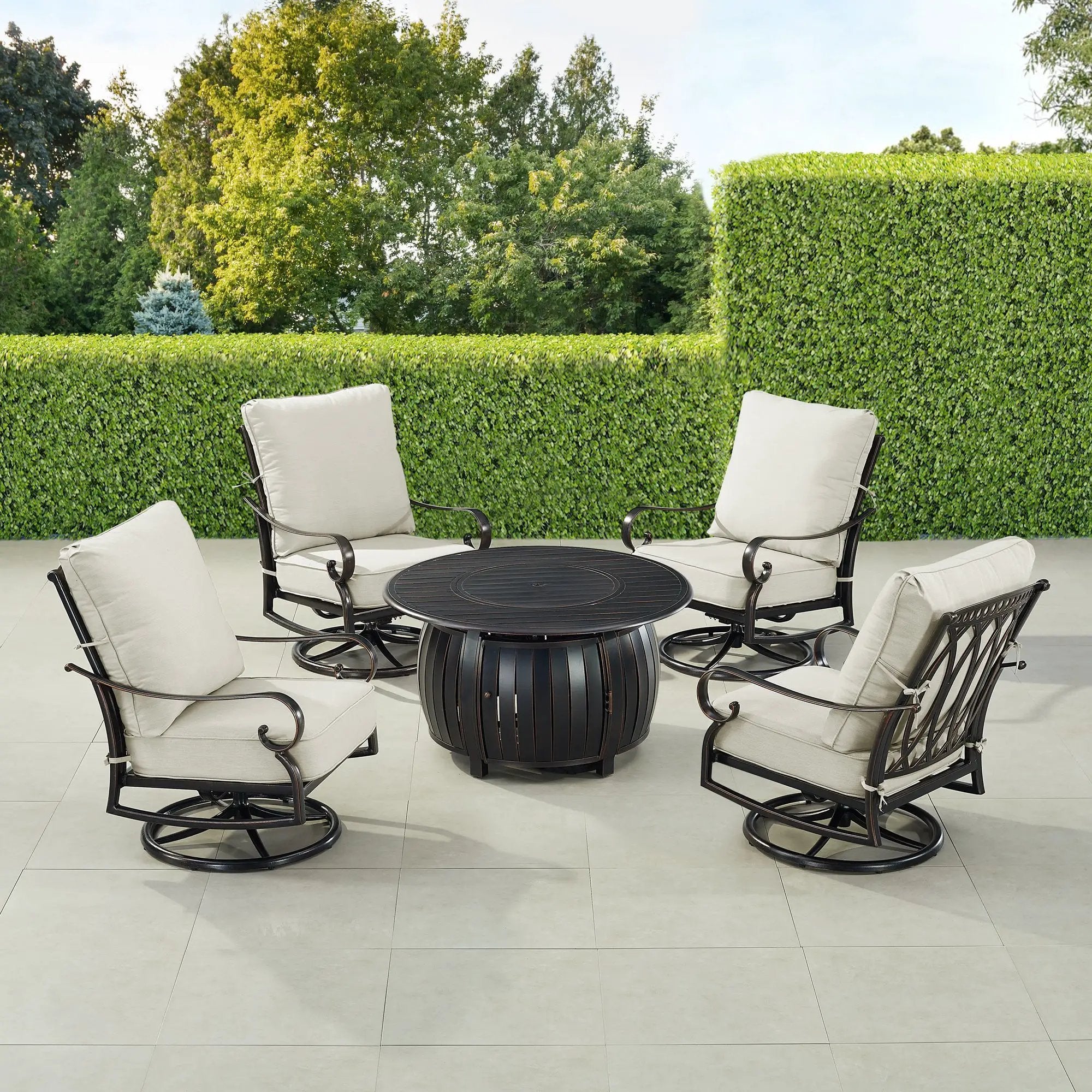 Black Aluminum Fire Table Set with Four Club Chairs by Sharicks