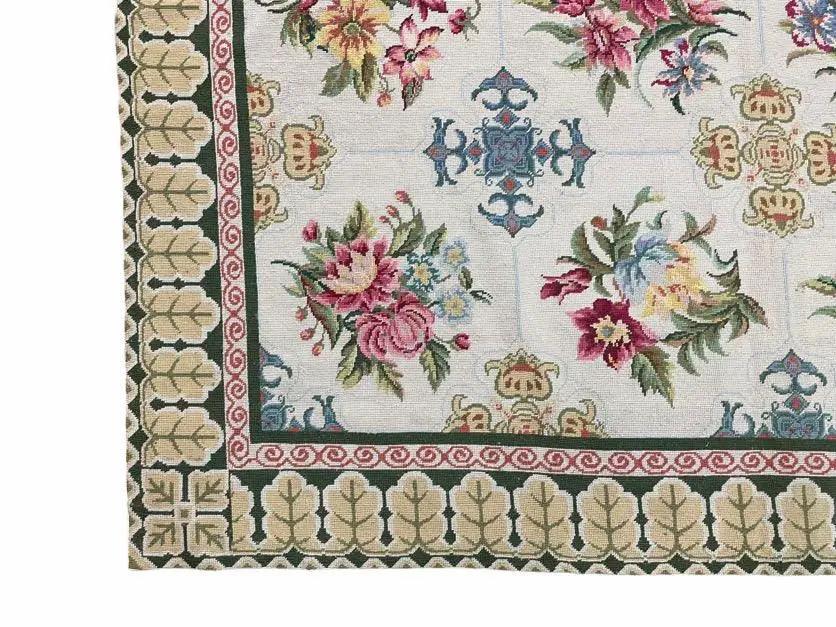 Hand-Knotted Needlepoint Carpet 6x9, Ivory/Cream Background, Colorful Flowers, Yellow Border, Aubusson Rug 6 x 9, New, Handmade by Jewel Rugs