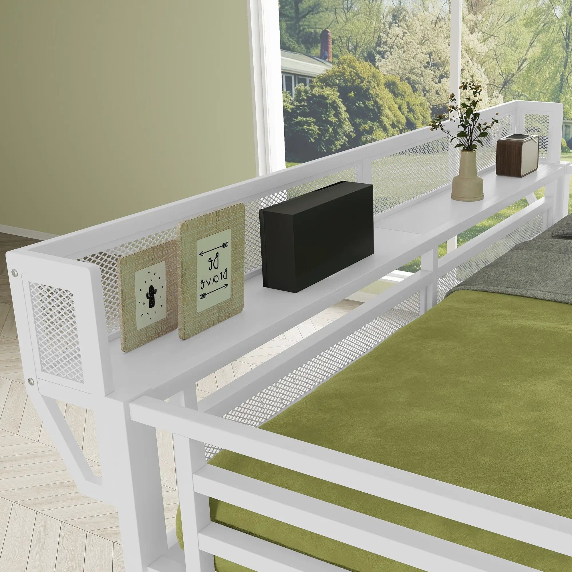 Queen Size Loft Bed with Stairs, Metal Queen Loft Bed with Storage Shelves by HouseOfZazla