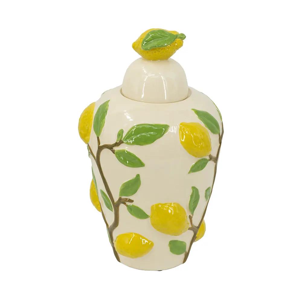 8.7x8.7x15' White Ceramic Lidded Jar with Playful Lemon Design by HouseOfZazla