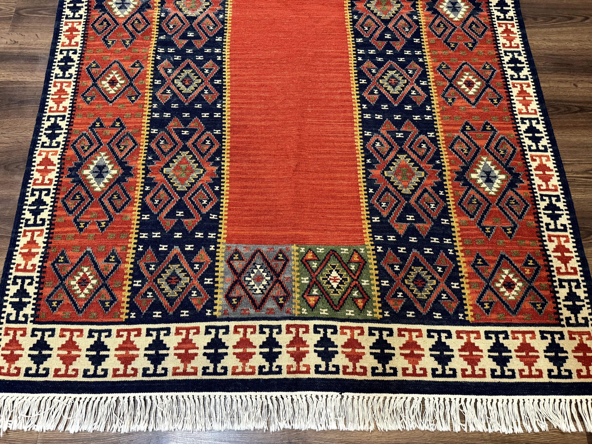 Turkish Kilim Rug 5x8, Flatweave Carpet, Handmade Bohemian Rug, Terracotta and Navy Blue by Jewel Rugs