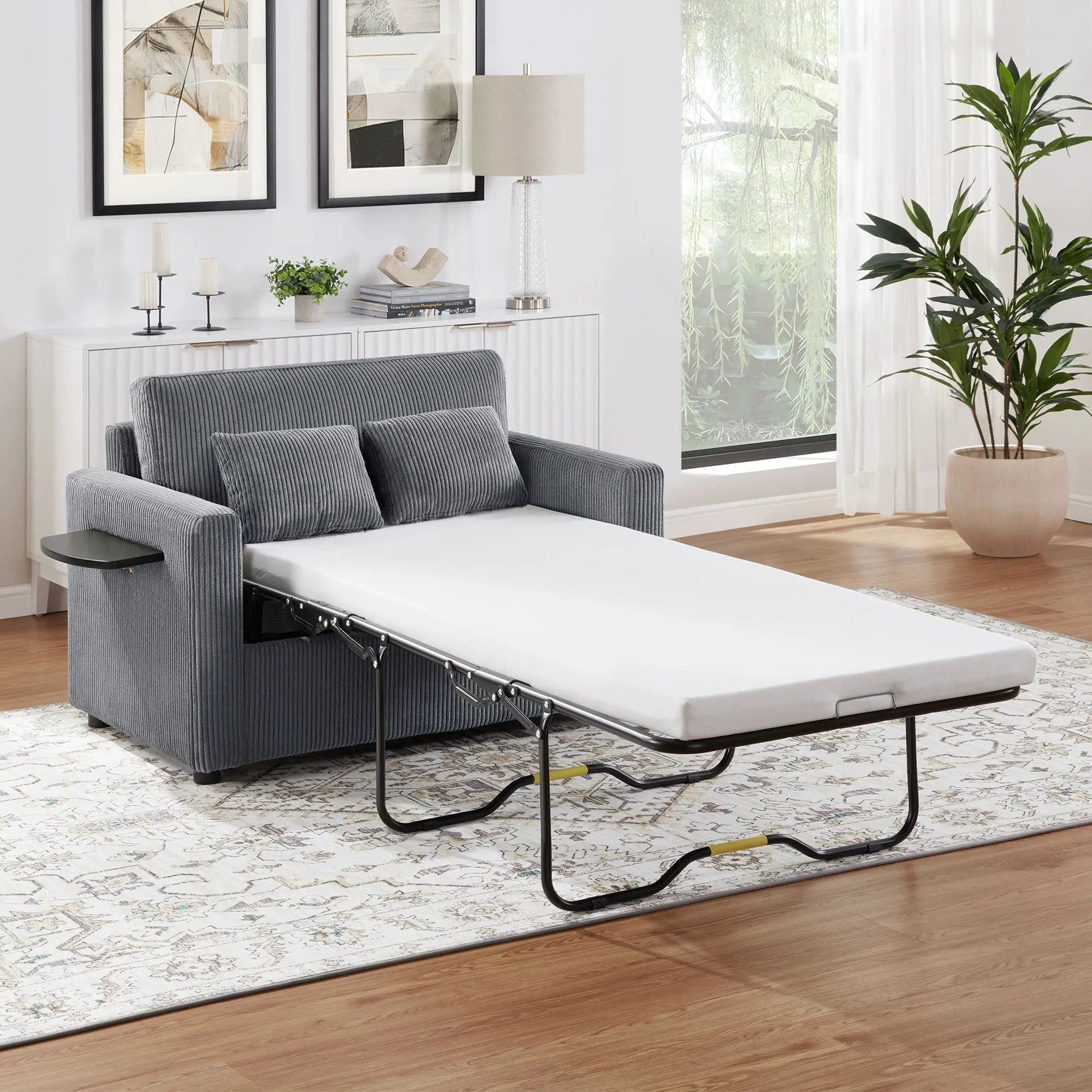 Sleeper Sofa With Foldable Mattress, USB Ports, Side Table & Storage Pocket by Unique Piece Furniture