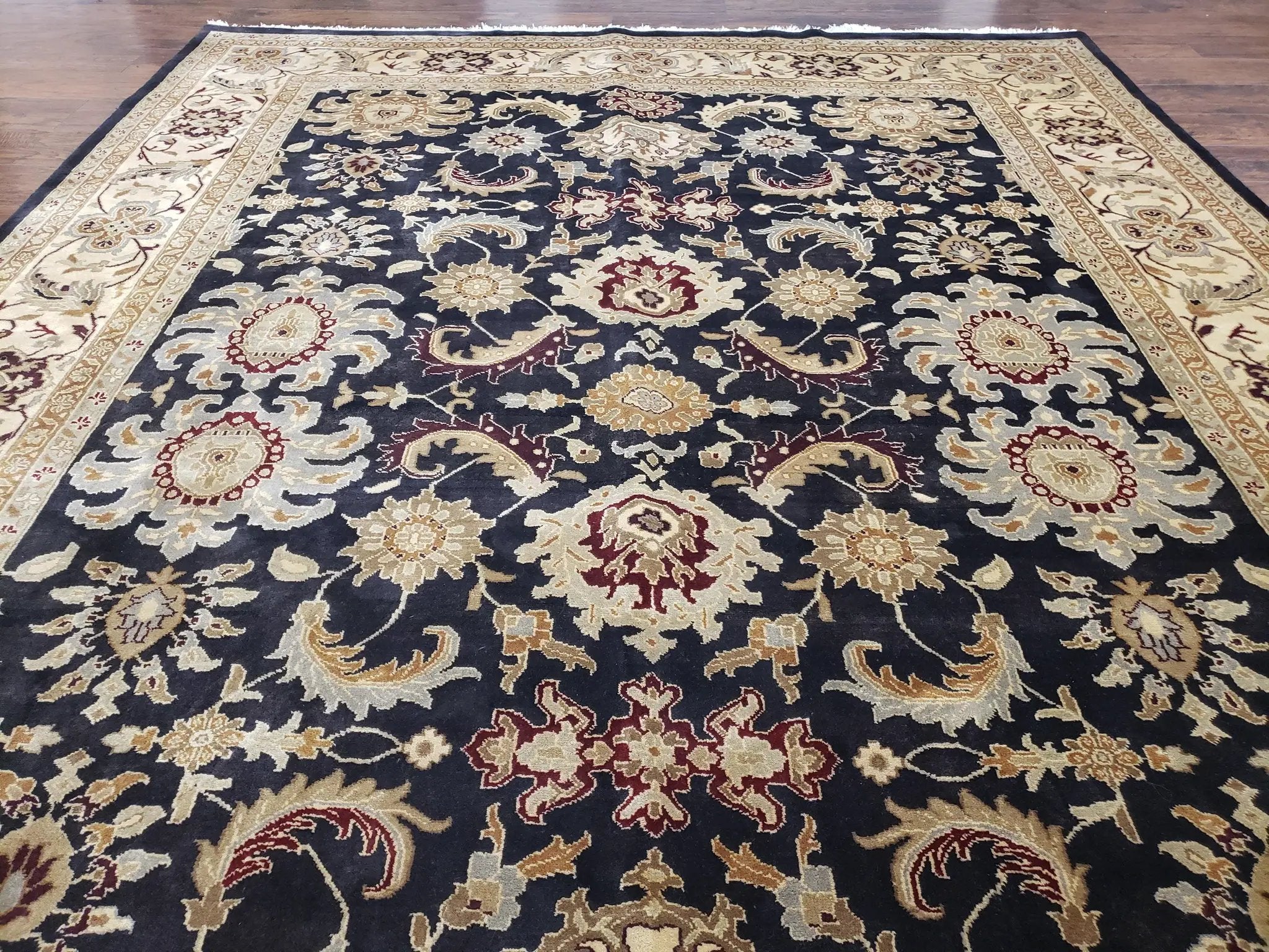 Indo Mahal Rug 8x12, Indian Sultanabad Handmade Area Rug, Vintage Hand-Knotted Wool Black Floral Traditional Oriental Dinning Room Rug by Jewel Rugs