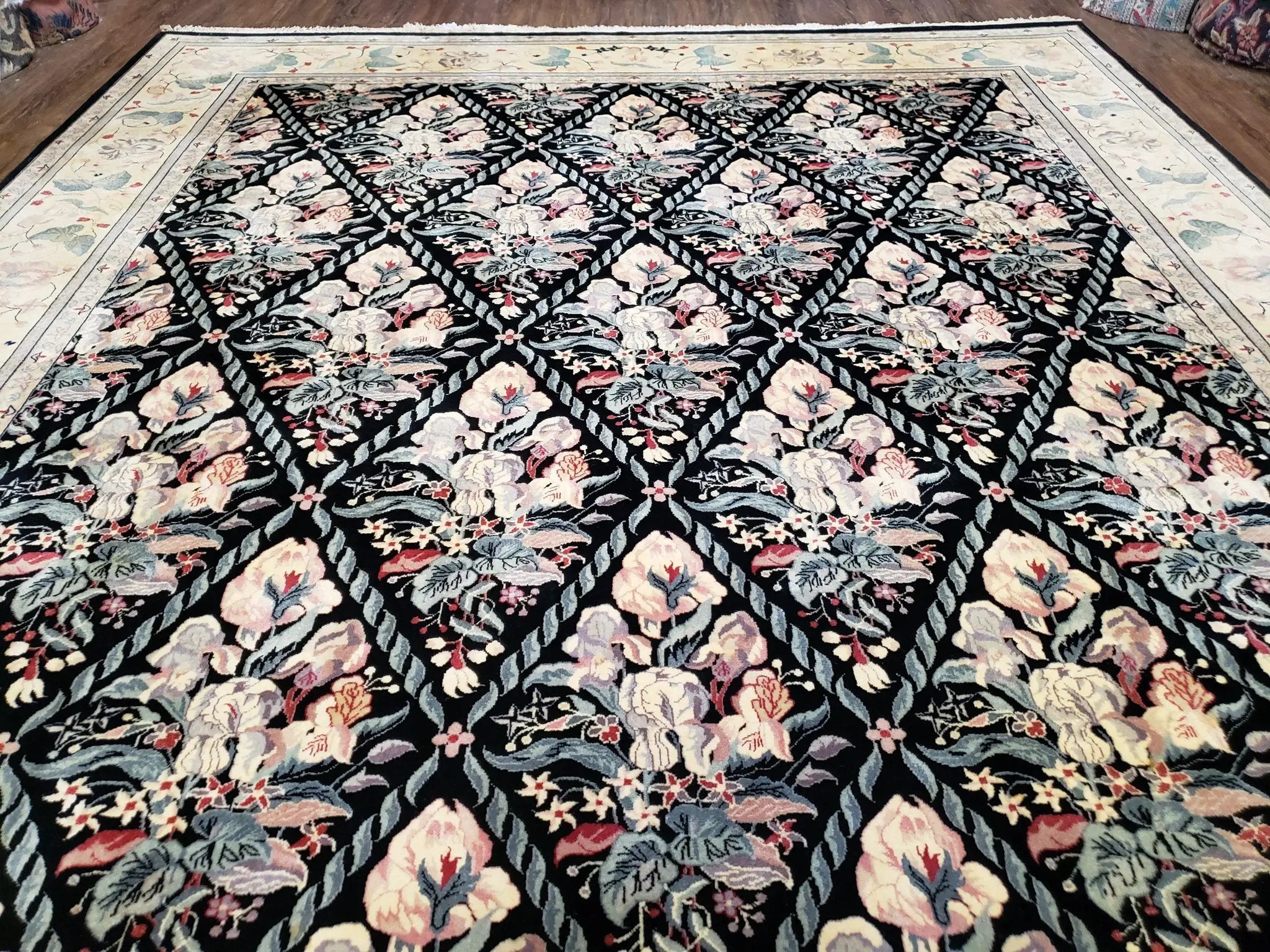 Sino-Persian Kirman Rug 9x12 Floral Handmade Wool Carpet Black & Ivory Vintage by Jewel Rugs