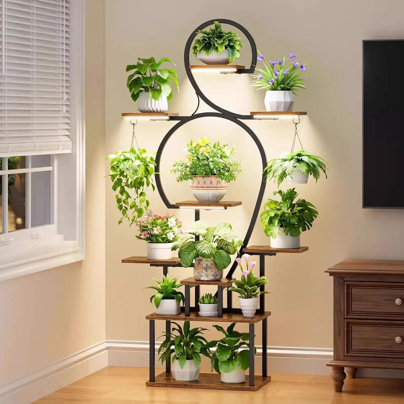 Plant Stand Indoor With Grow Light, 9 Tiered 63" Tall Indoor Plant Shelves For Multiple Plants - Walnut / Black by Unique Piece Furniture