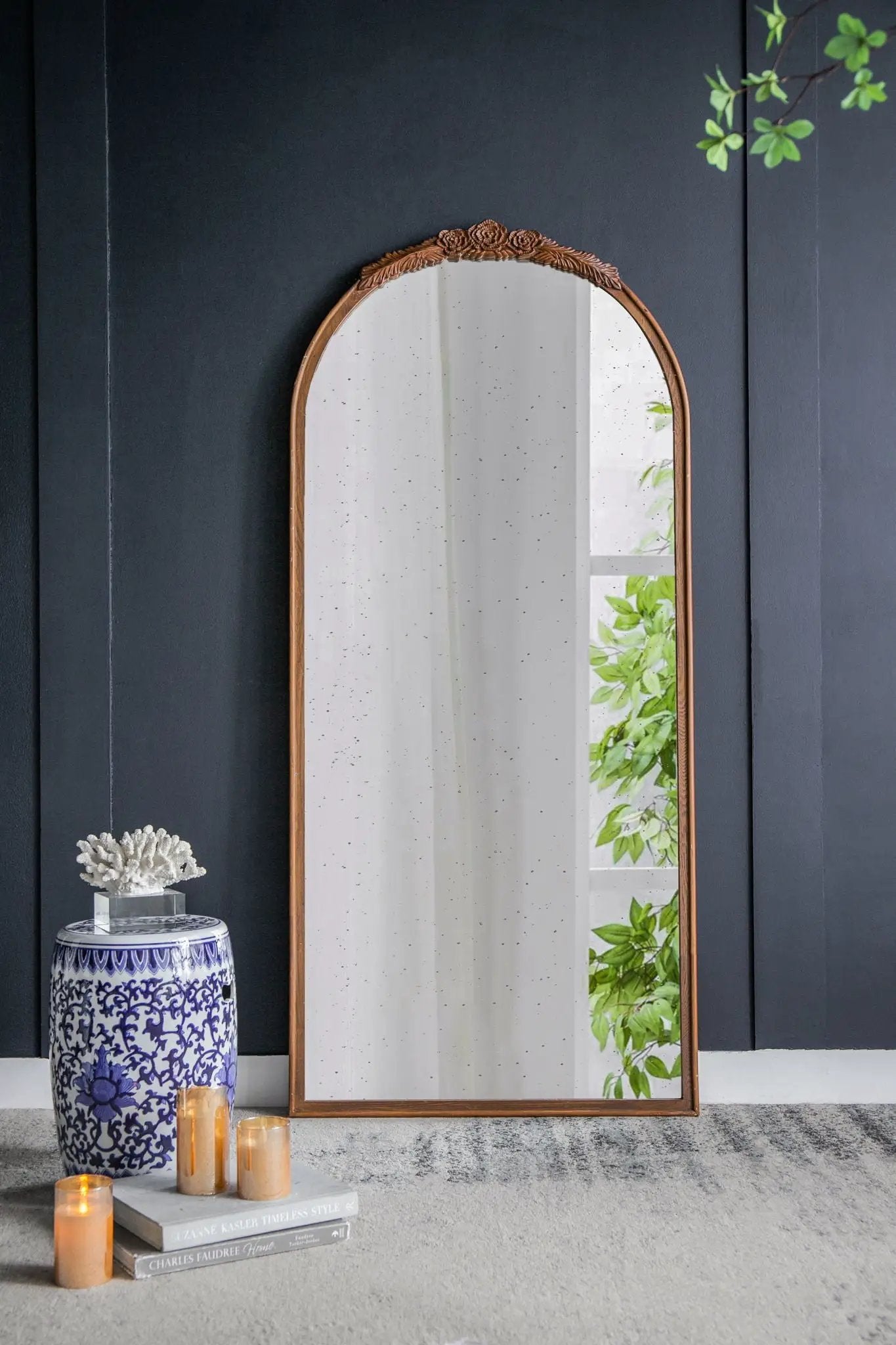 Hand Carved Rose Antique Mirror Frame, Large Arch Mirror Wall Decor For Living Room, Bathroom, Entryway - Brown by Unique Piece Furniture