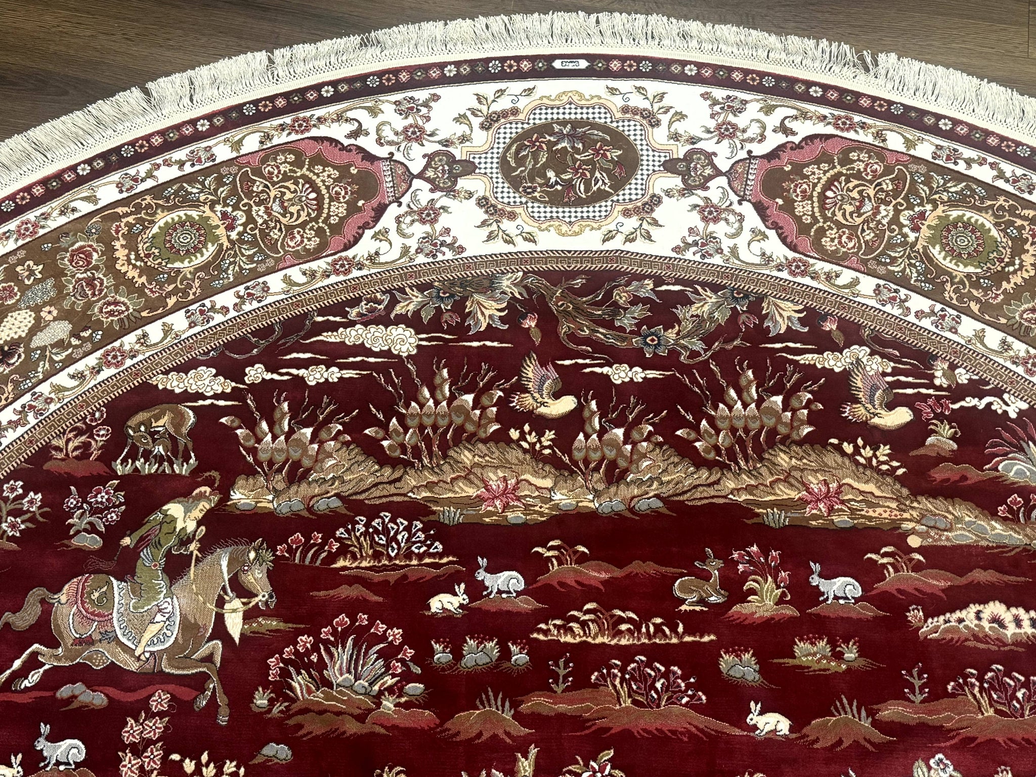 Large Round Turkish Silk Rug 8x8, Hunting Design, Dark Red & Ivory, Bamboo Silk by Jewel Rugs
