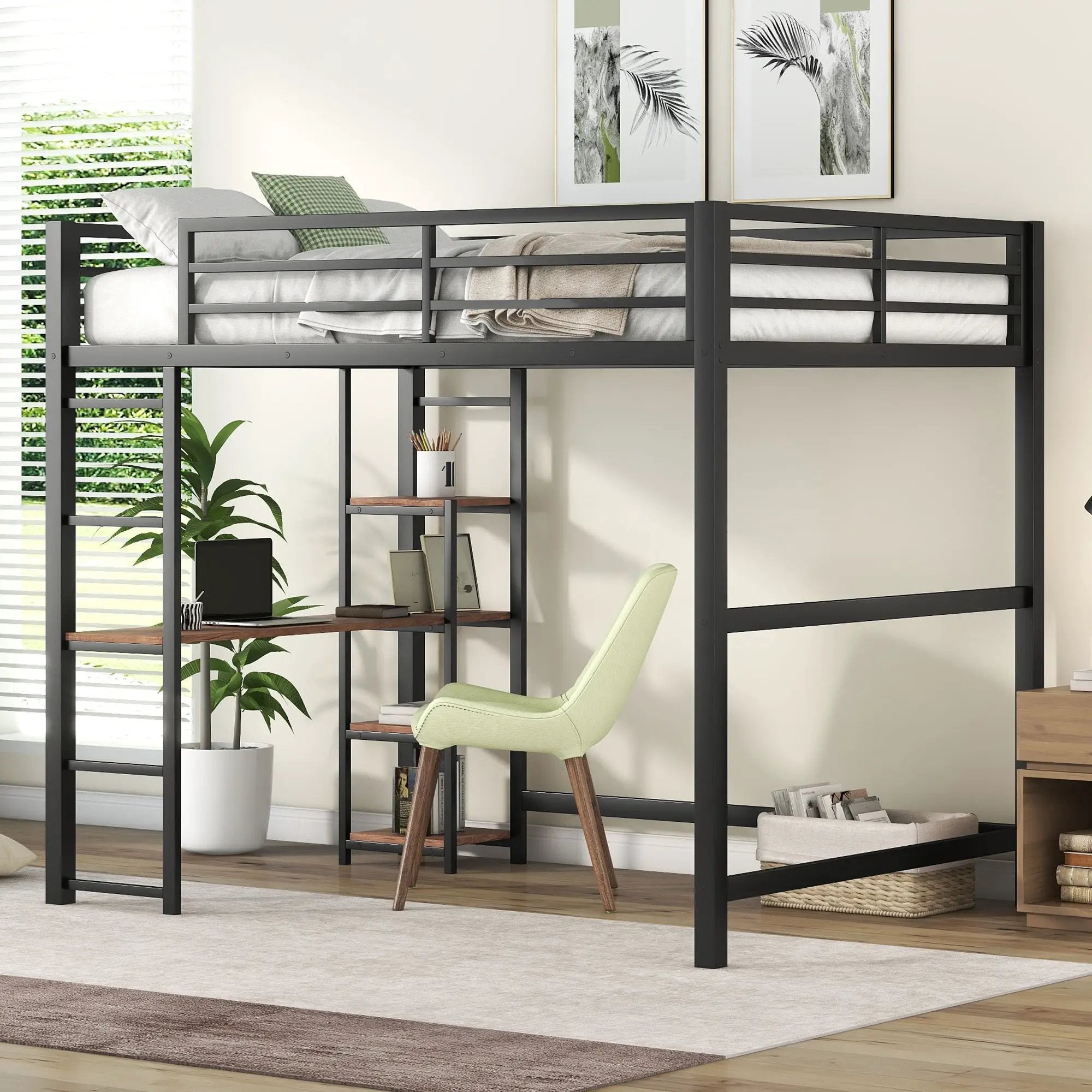 Loft Bed With Built In Desk And Storage Shelves, Full Size - Black by Unique Piece Furniture