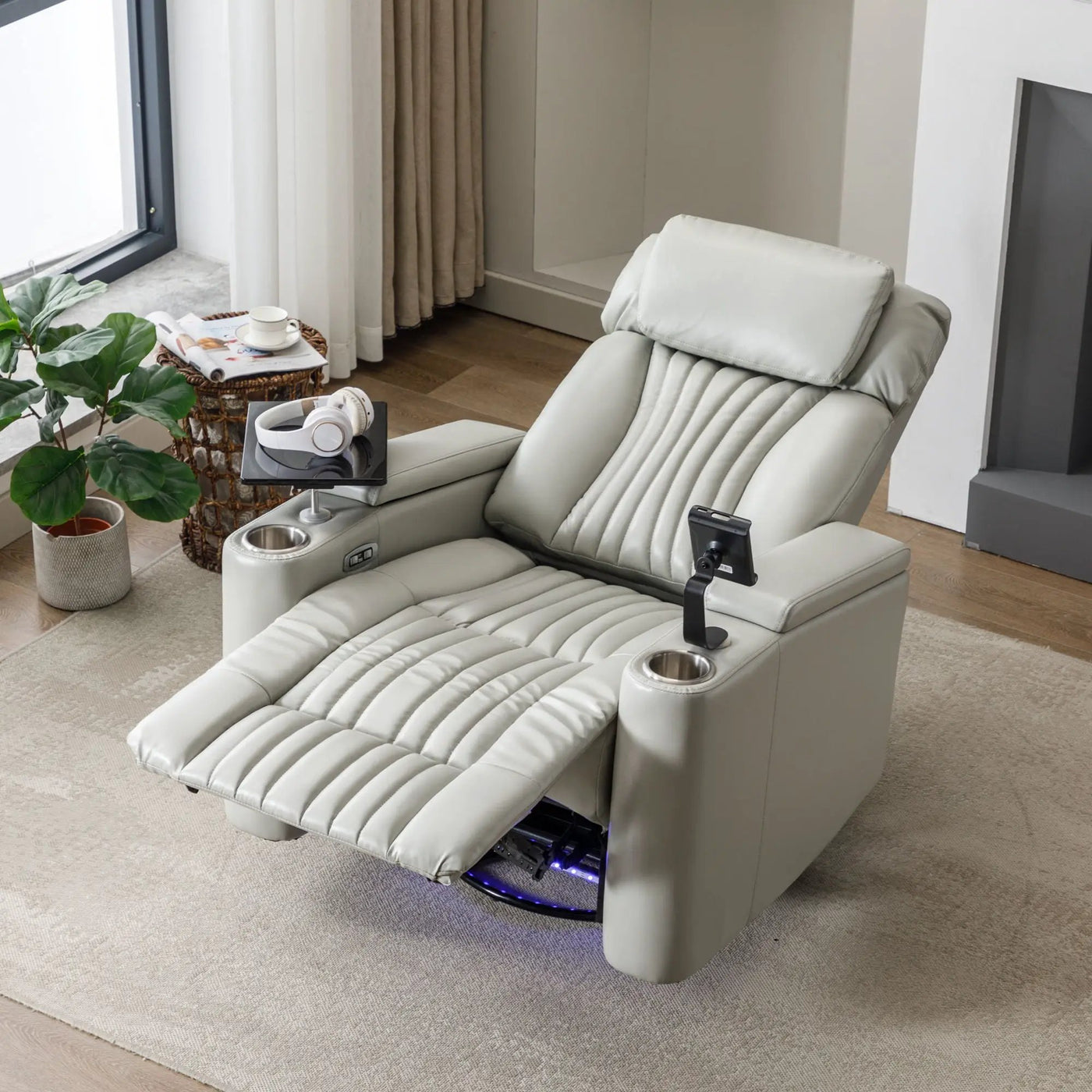 270° Power Swivel Recliner Home Theater Chair With Hidden Arm Storage, LED Light, Cup Holder, And Tray Table by Unique Piece Furniture