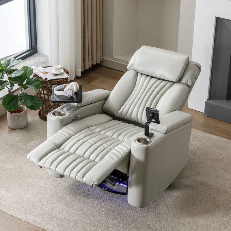 270° Power Swivel Recliner Home Theater Chair With Hidden Arm Storage, LED Light, Cup Holder, And Tray Table by HouseOfZazla