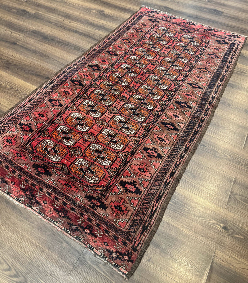 Antique Turkoman Rug 3.7 x 6.7, Red, Wool Runner Rug by Jewel Rugs