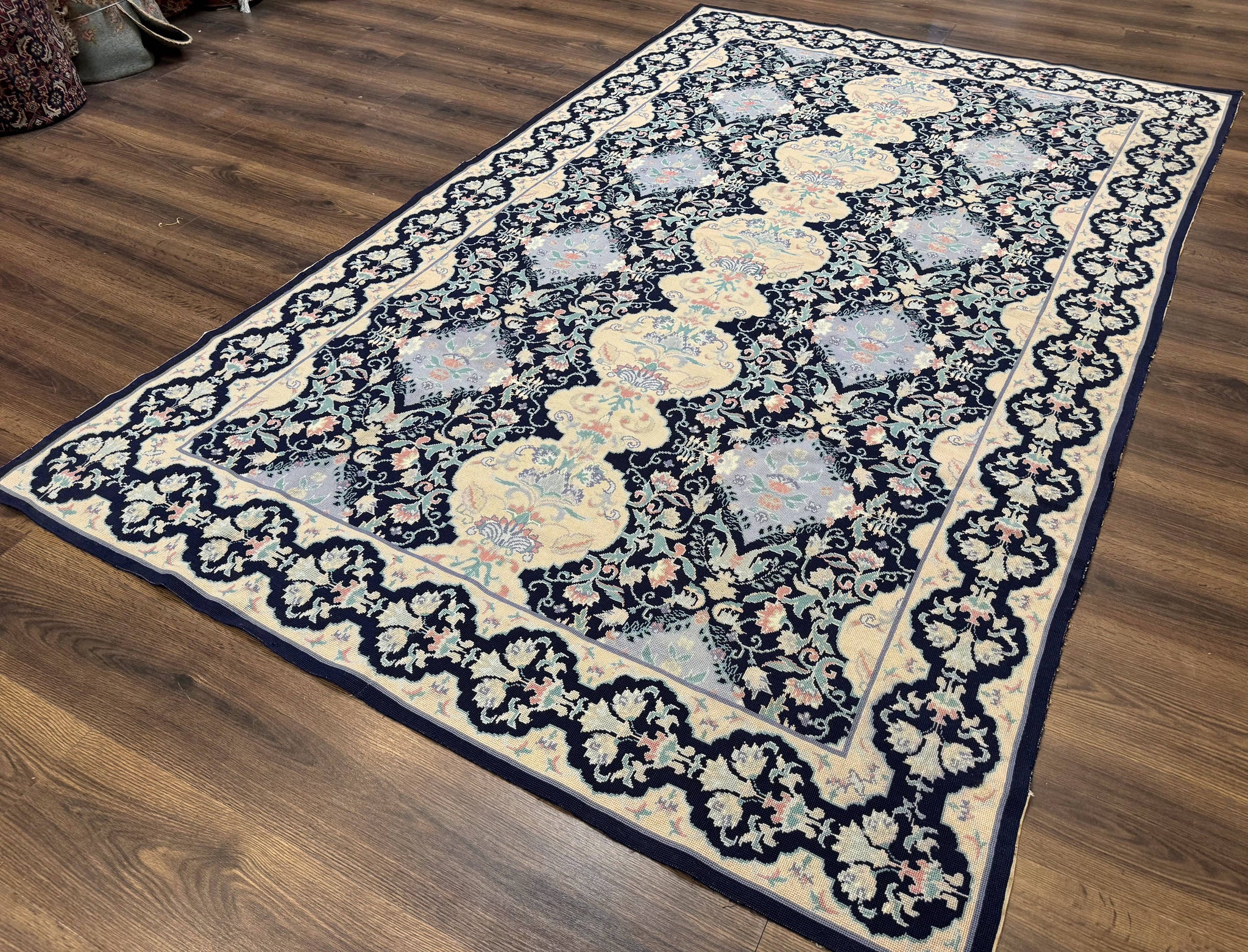 Needlepoint Rug 6x9, Ivory and Navy Blue by Jewel Rugs