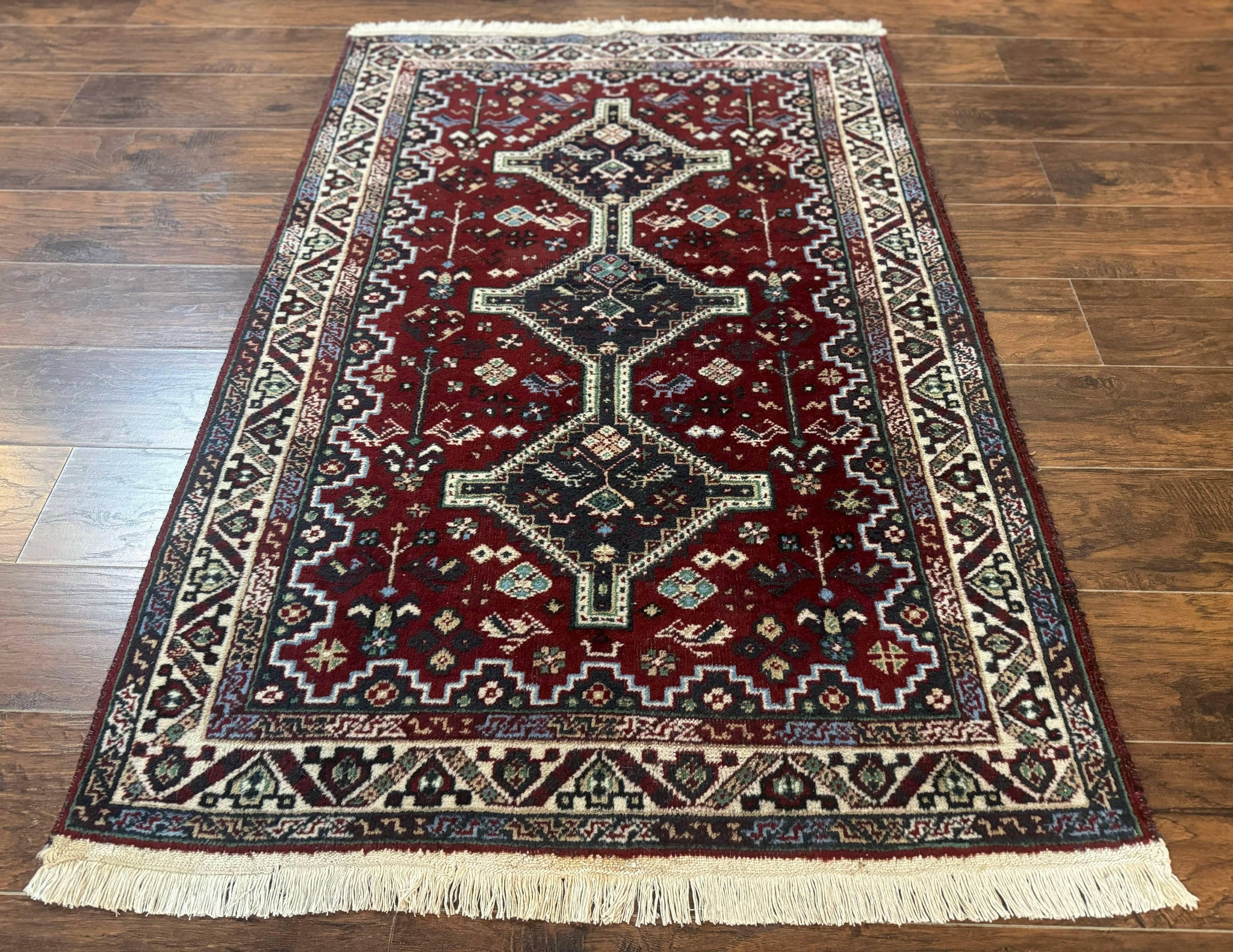 Persian Afshar Rug 4x5 Red Navy Geometric Tribal Wool Carpet by Jewel Rugs