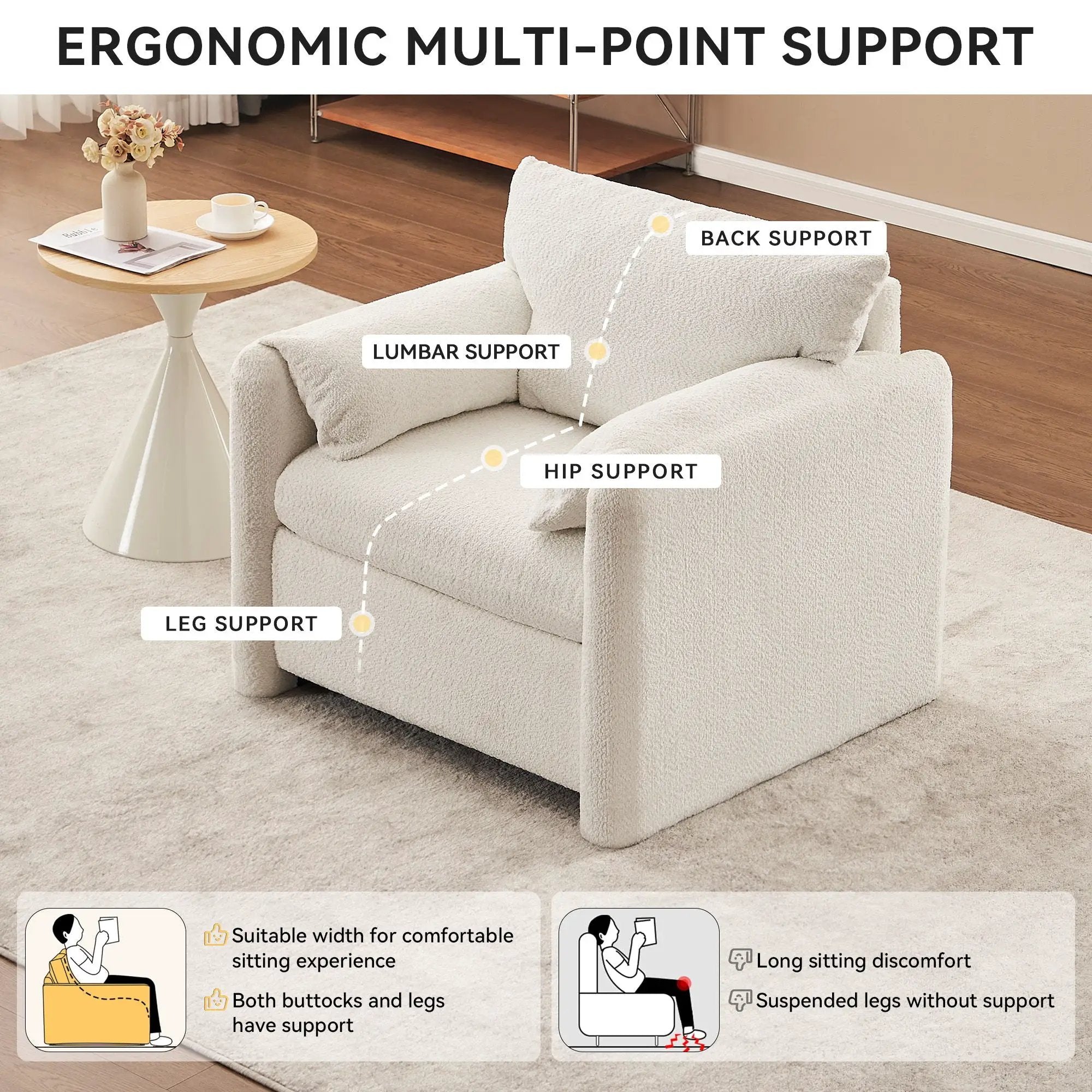 Fixed Modern Accent Chair Single Seater Plush Chenille Lounge Chair With High Resilience Cushion - Ivory White by HouseOfZazla