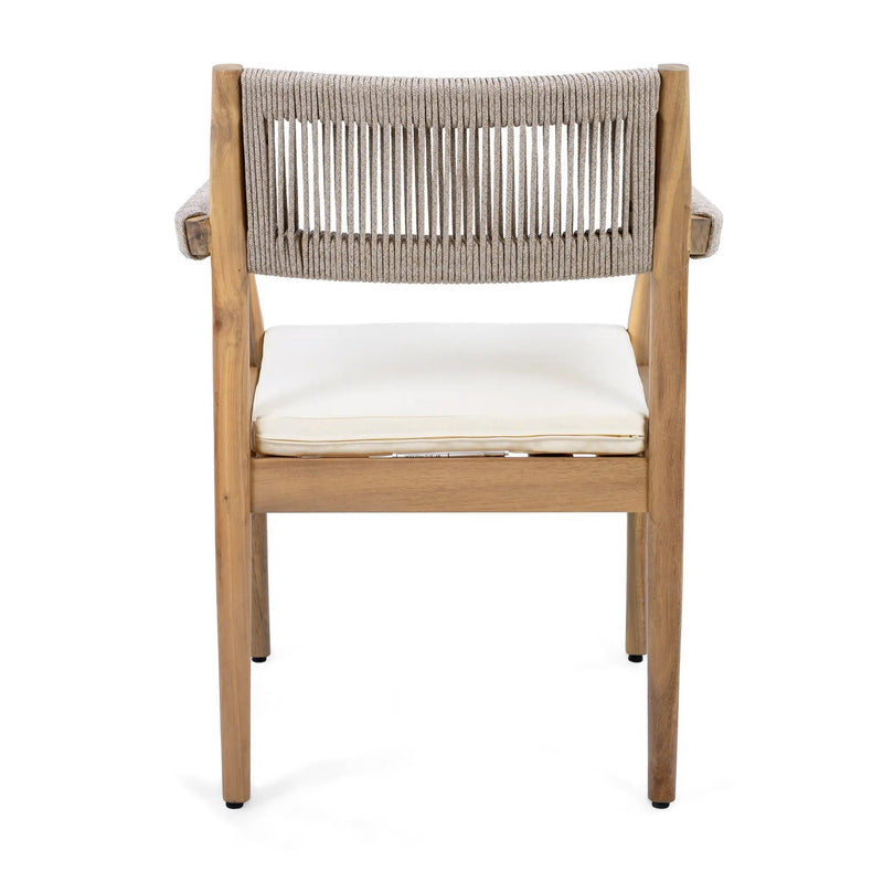 Braided Acacia Wood Outdoor Dining Chairs Set of 2 – Teak Look with Beige Rope & Cream Cushions by HouseOfZazla