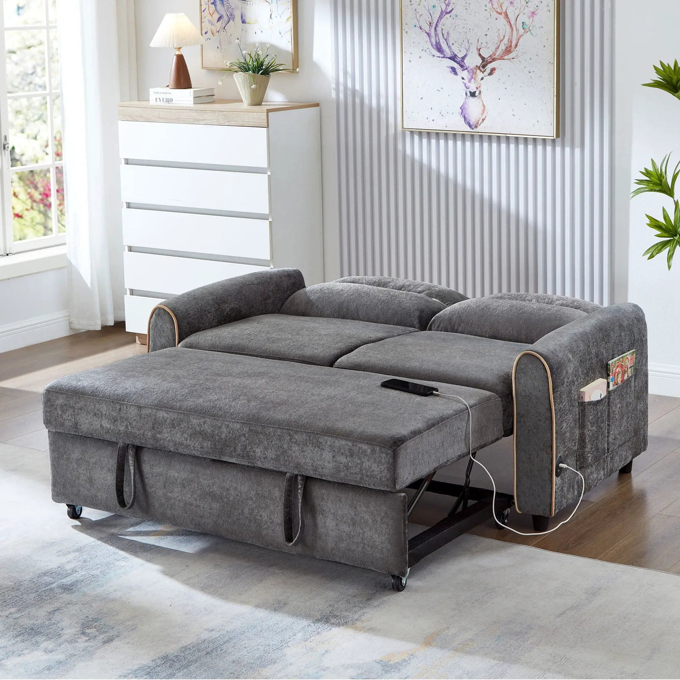 Pull Out Sofa Bed With Adjustable 3 Position Backrest, USB Charging Ports, Side Pockets by Unique Piece Furniture