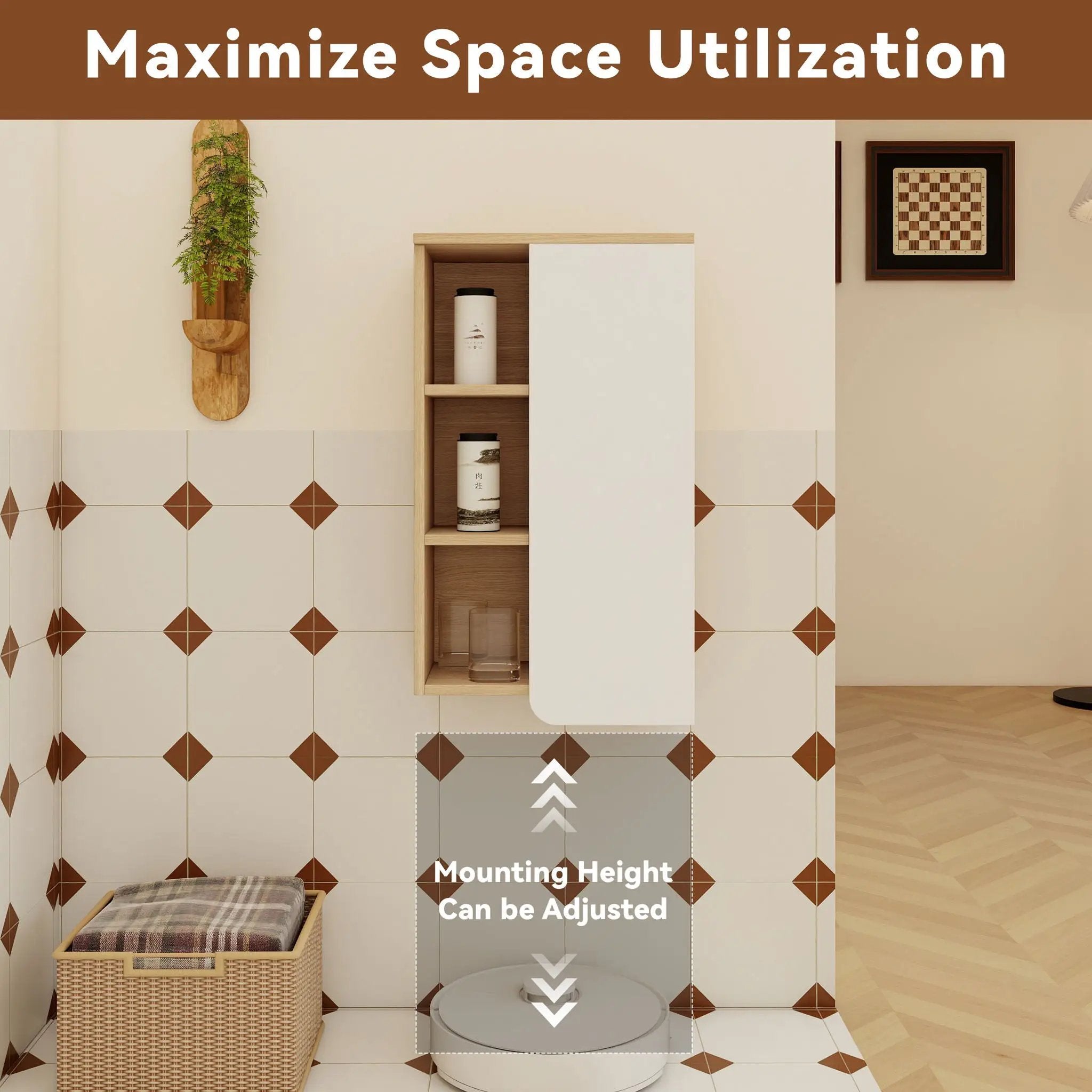 Wall Mounted Bathroom Side Cabinet, Single Door With 3 Tier Open Shelves - Black / Light Oak / White by HouseOfZazla