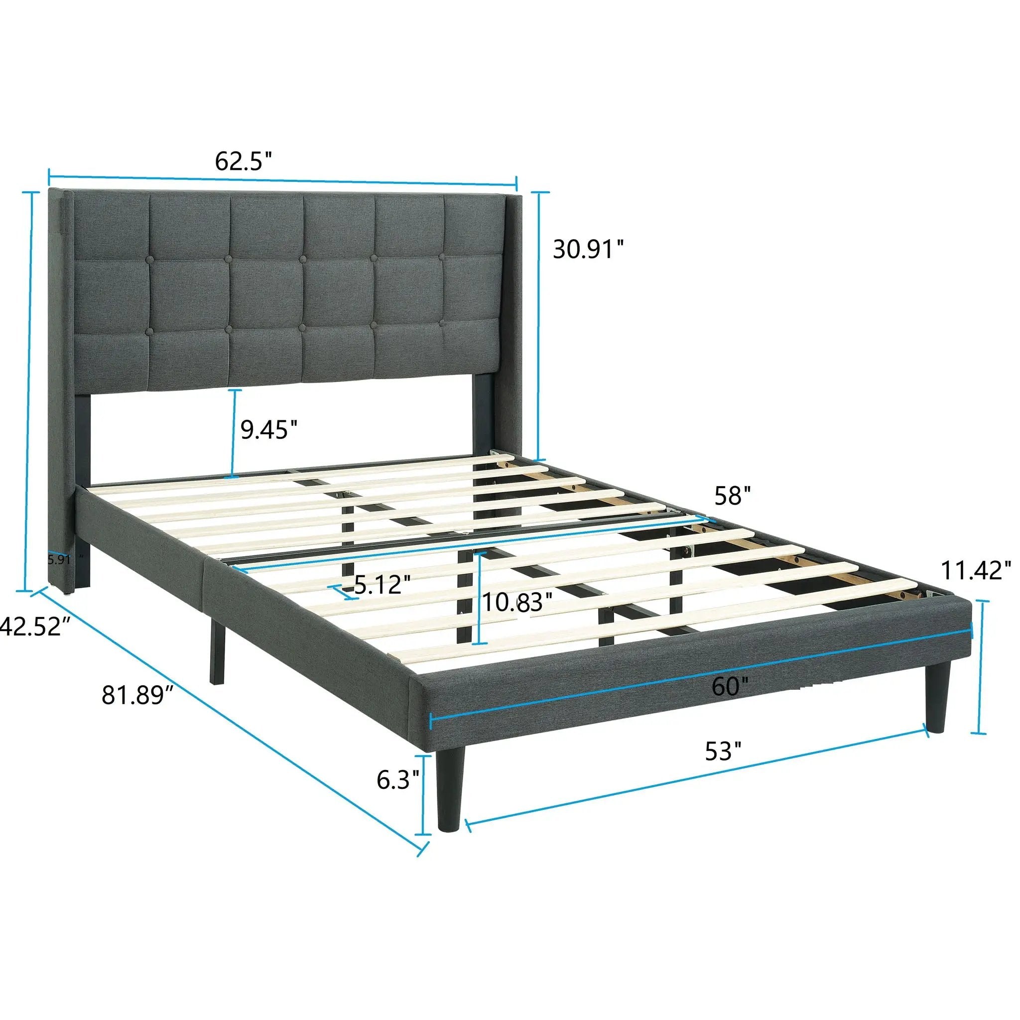 Queen Size Upholstered Platform Bed Frame With Button Tufted Linen Fabric Headboard - Dark Gray by Unique Piece Furniture