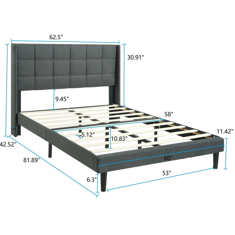 Queen Size Upholstered Platform Bed Frame With Button Tufted Linen Fabric Headboard - Dark Gray by Unique Piece Furniture