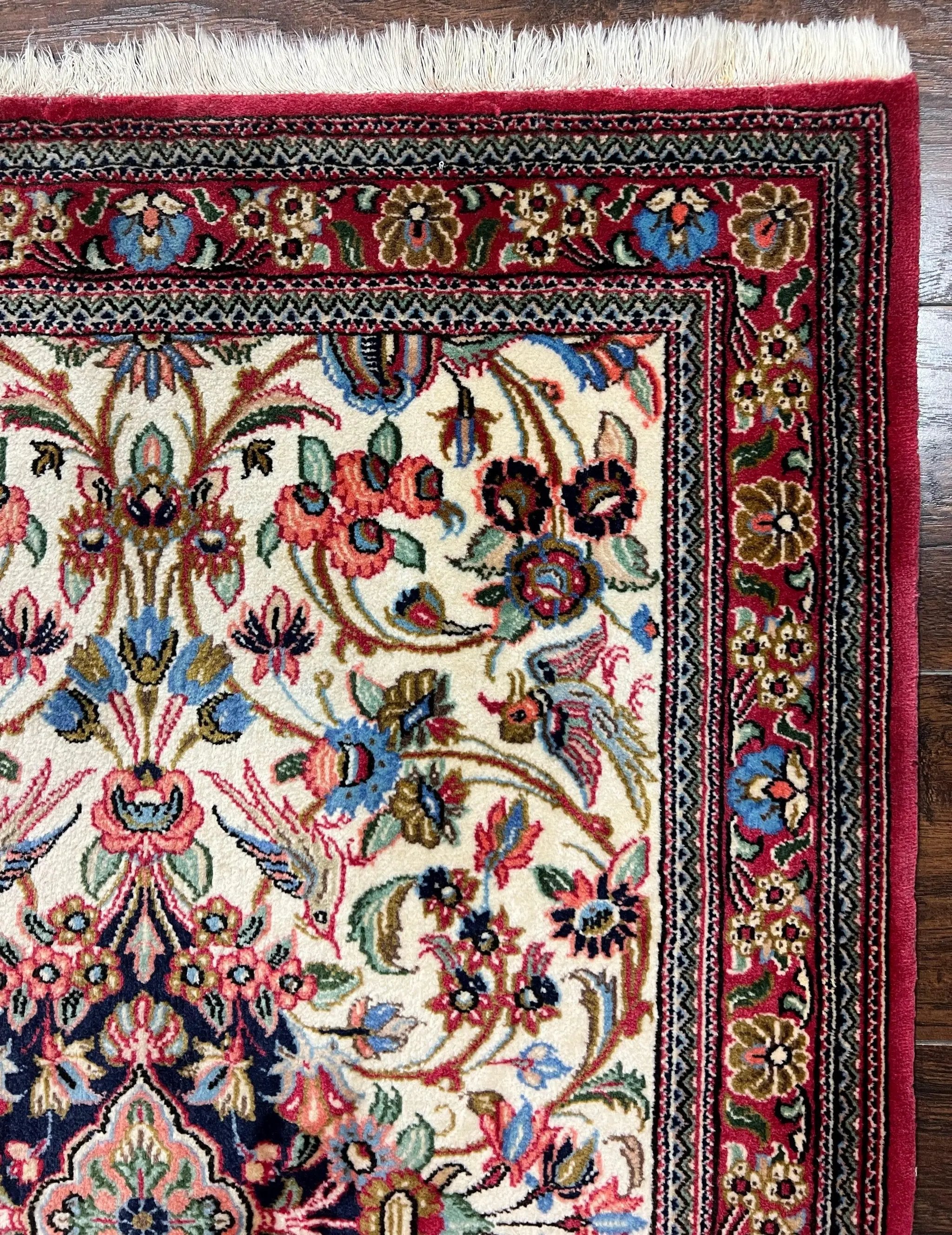Wonderful Persian Qum Runner Rug 2.8 x 10 ft, Floral Medallions with Bird Motifs, Hand Knotted Wool Fine Oriental 10ft Hallway Runner, Cream Red by Jewel Rugs
