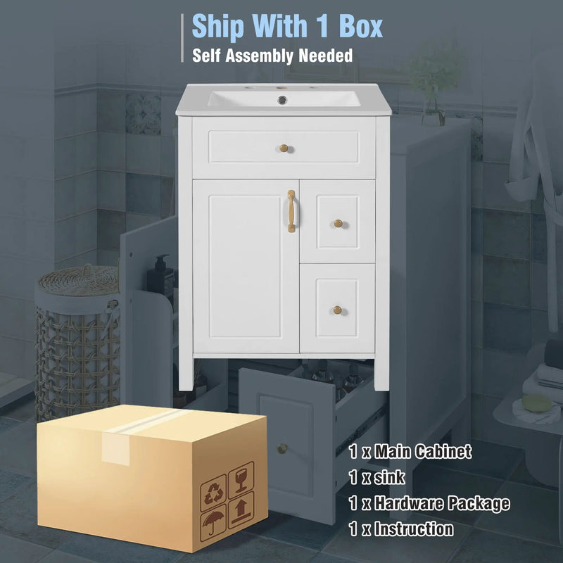 Elegant Bathroom Vanity With Ceramic Sink, Soft Close Doors And Drawers, Double Storage Racks by HouseOfZazla