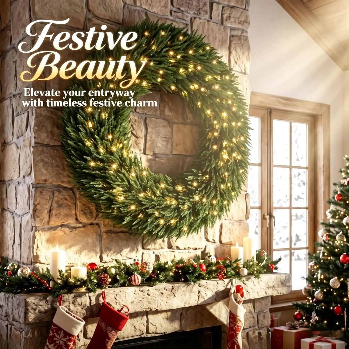 48 In Artificial Norfolk Pine Christmas Wreath, Pre-Lit by HouseOfZazla