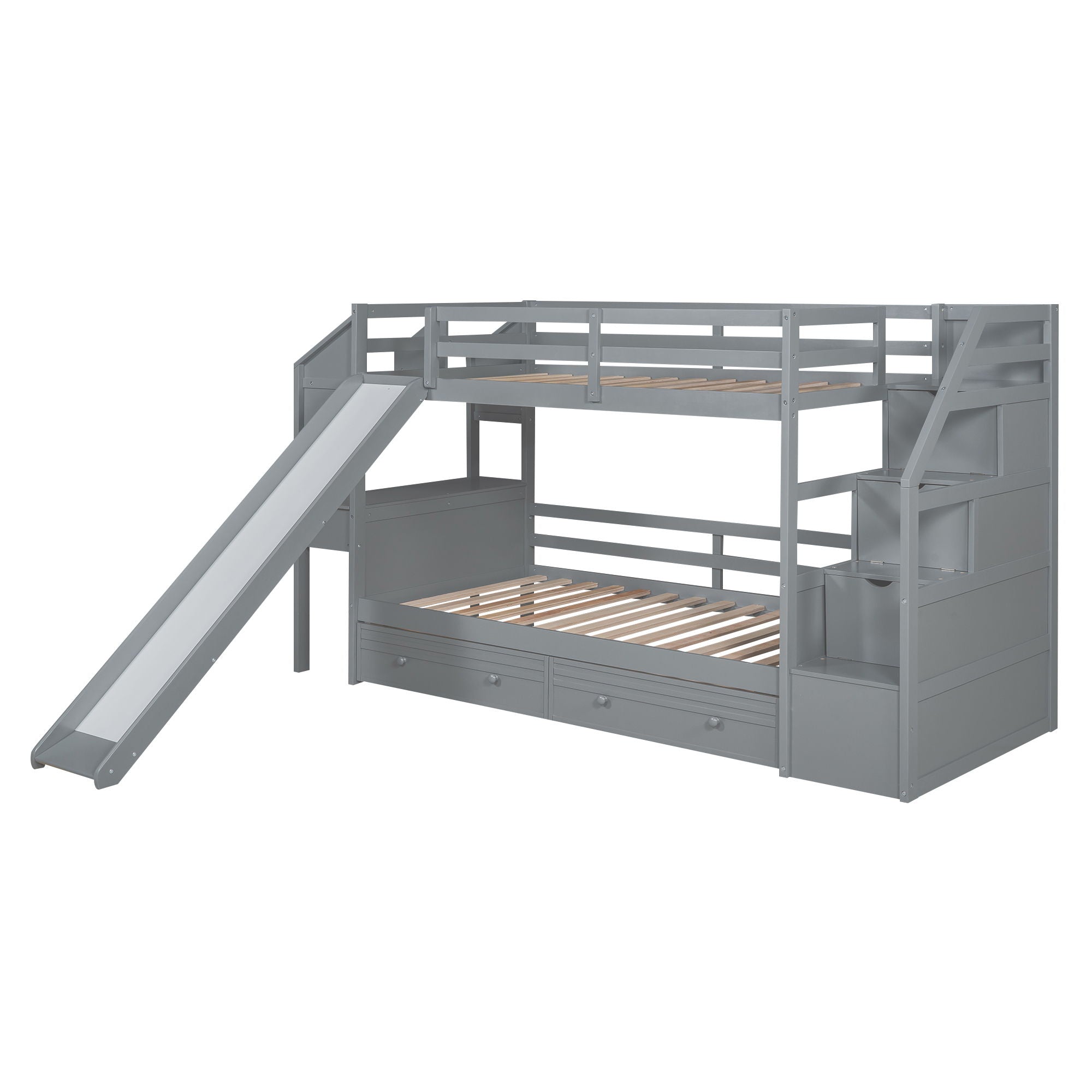 Bunk Bed With Storage Staircase, Slide, Desk, Drawers, And Shelves