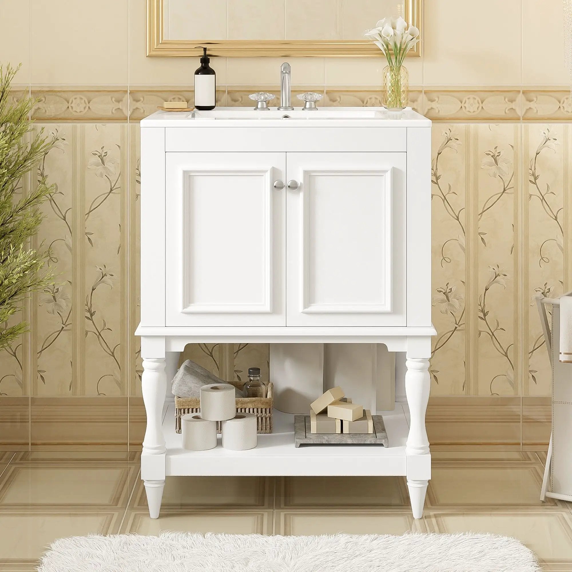 Modern Bathroom Vanity With Sink, Rectangular Cabinet With Open Shelf And Closed Storage