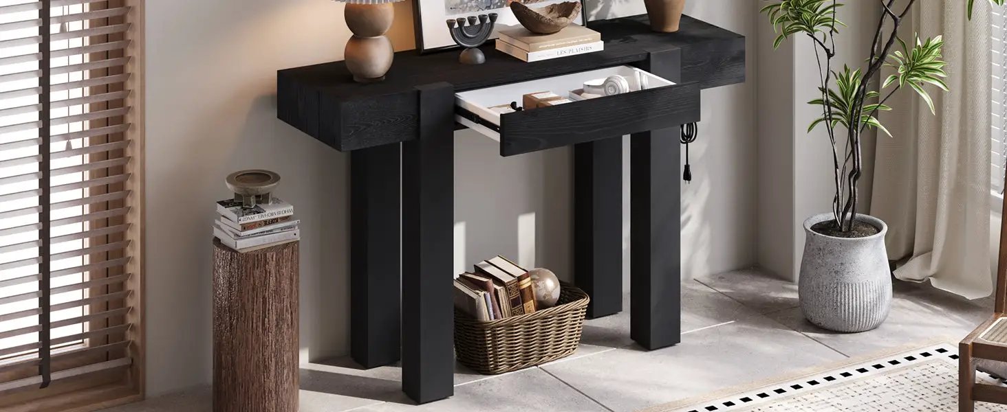 TREXM Rustic Minimalist Console Table with Hidden Drawer, Side Power Outlet by HouseOfZazla