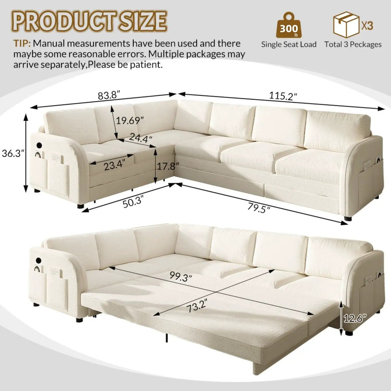 L-Shaped Couch With Pull-Out Bed, Convertible Sleeper Sofa With Side Pocket & USB Port by HouseOfZazla