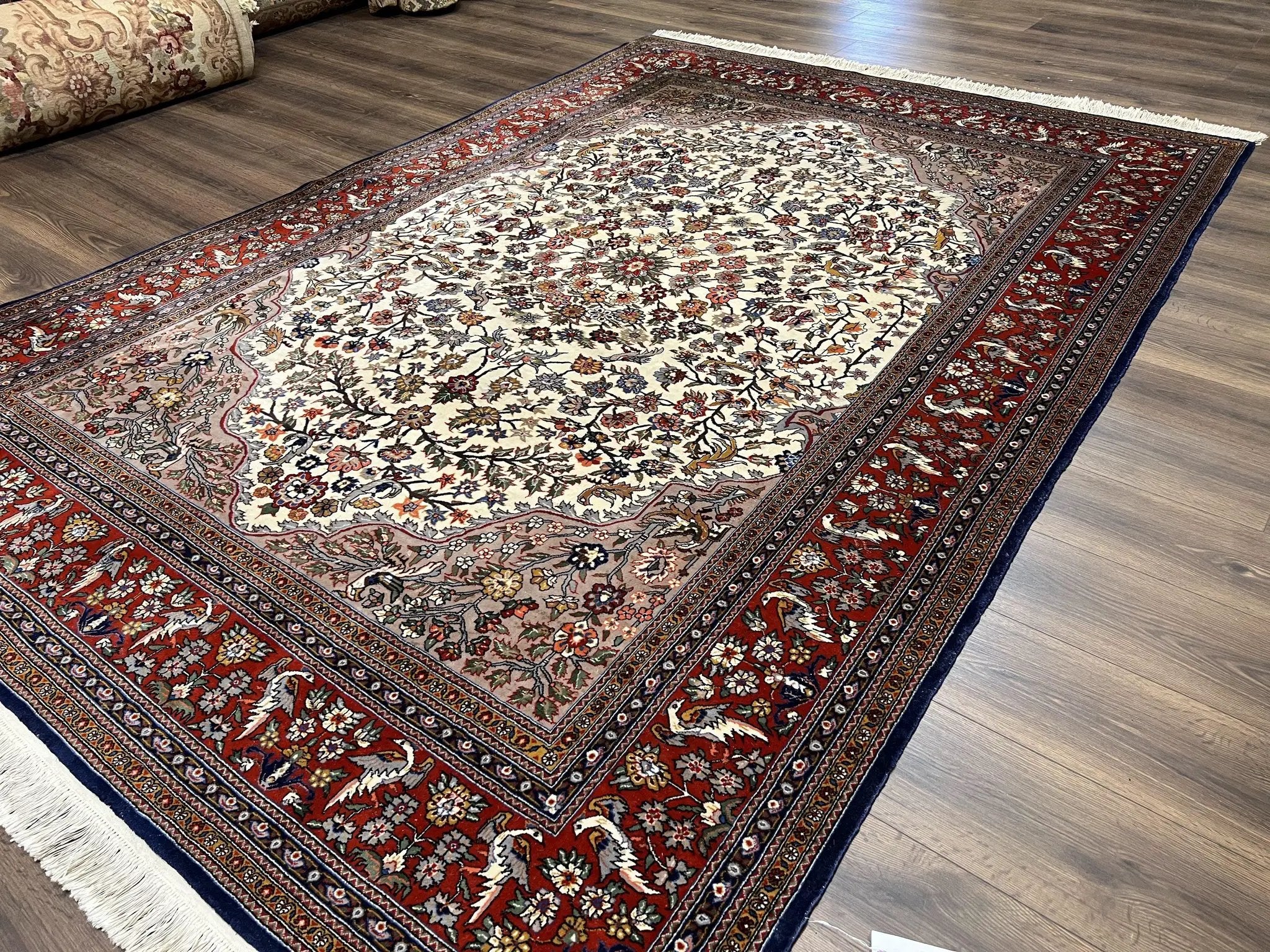 Beautiful Sino Persian Rug 7x10, Circle of Life Tree of Life Rug, Birds, Cream Red Navy Blue Taupe, Wool Silk Accents, Hand Knotted Vintage by Jewel Rugs