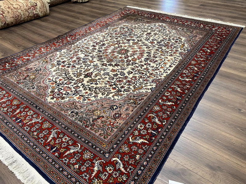 Beautiful Sino Persian Rug 7x10, Circle of Life Tree of Life Rug, Birds, Cream Red Navy Blue Taupe, Wool Silk Accents, Hand Knotted Vintage by Jewel Rugs