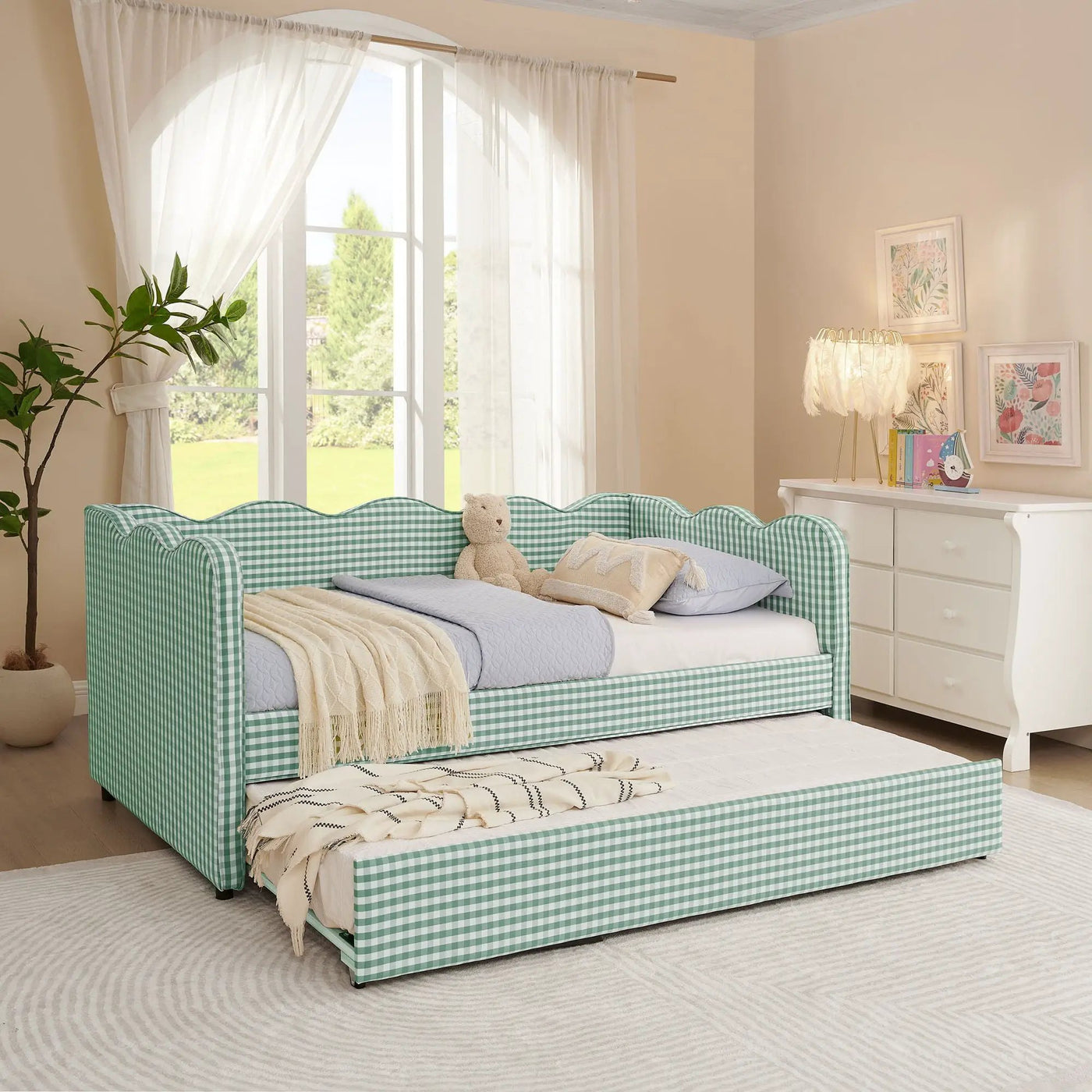 Gingham Daybed With USB Charging Port, Wave Shaped Design by HouseOfZazla