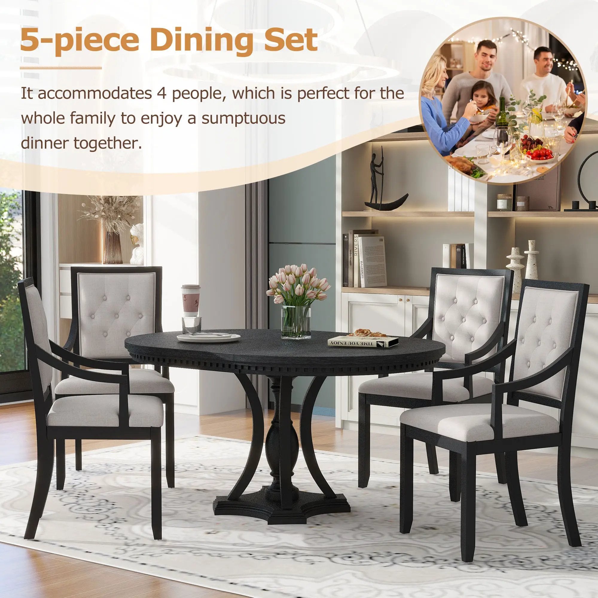 5 Piece Dining Set Extendable Round Table And 4 Chairs - Black / Oak by Unique Piece Furniture
