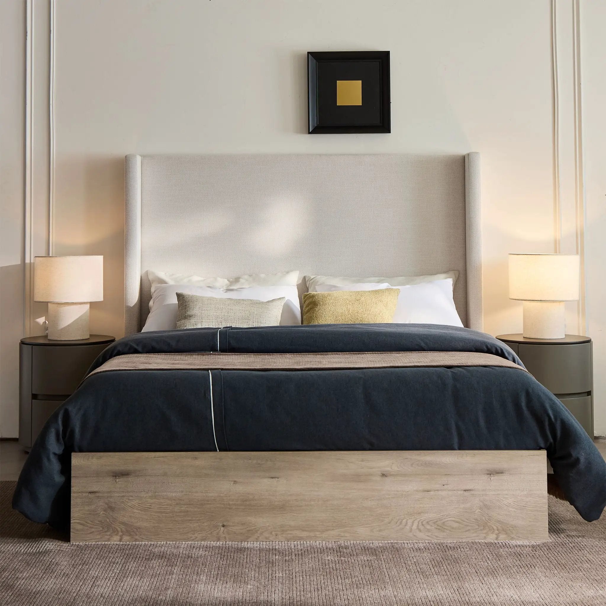 Shelton - Queen Upholstered Wingback Bed With 54" High Headboard - Ivory / Light Gray / Camel Oak by Unique Piece Furniture