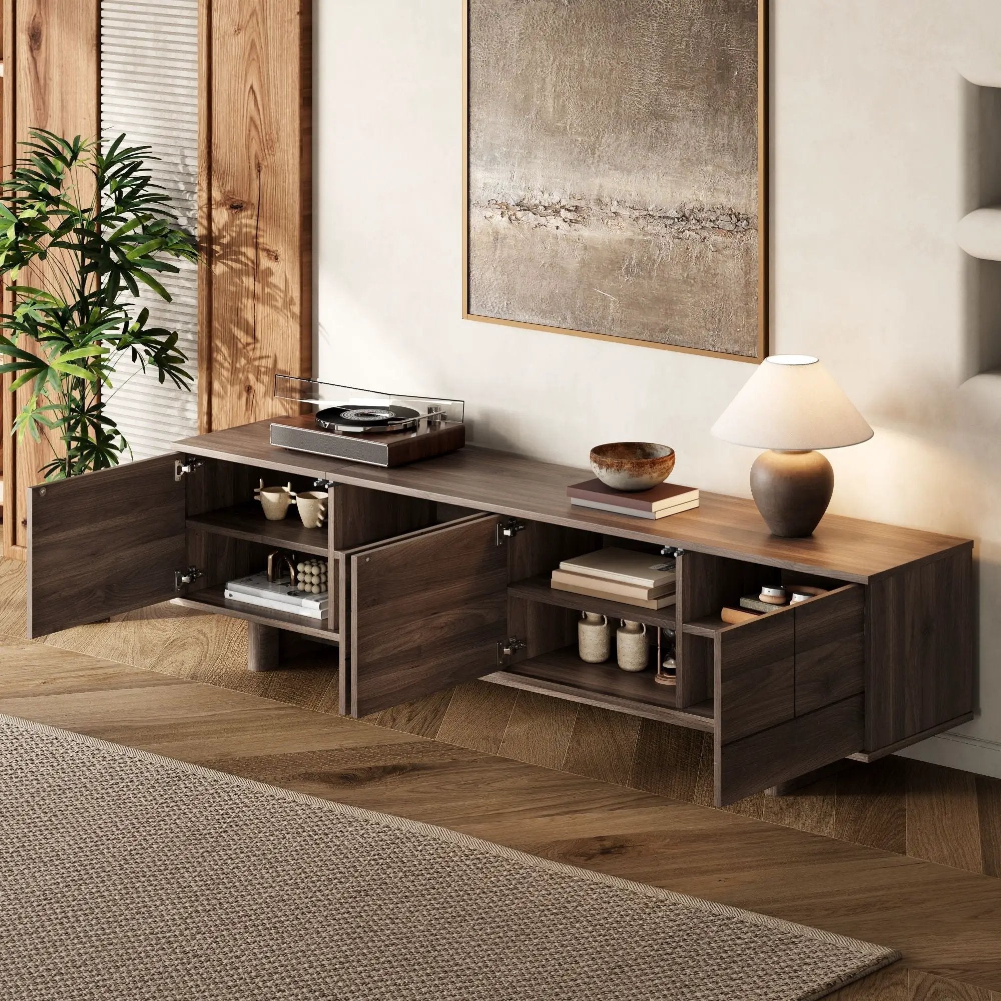 TV Stand For TVs Up To 85", Entertainment Center, Cable Management, Push Openers, Soft Closing Hinges & Adjustable Shelves - Dark Brown by Unique Piece Furniture