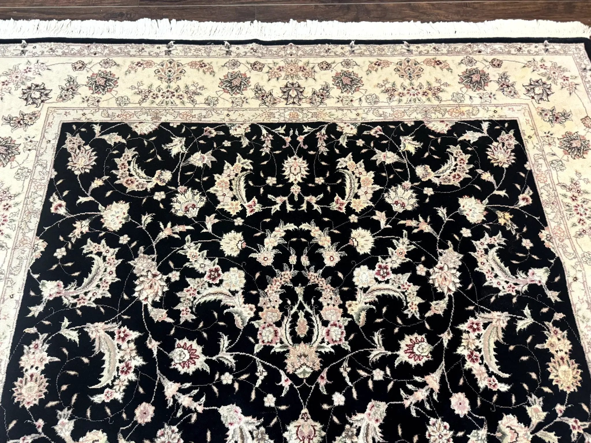 Sino Persian Rug 6x9, Black and Ivory, Wool and Silk Highlights, Handmade by Jewel Rugs