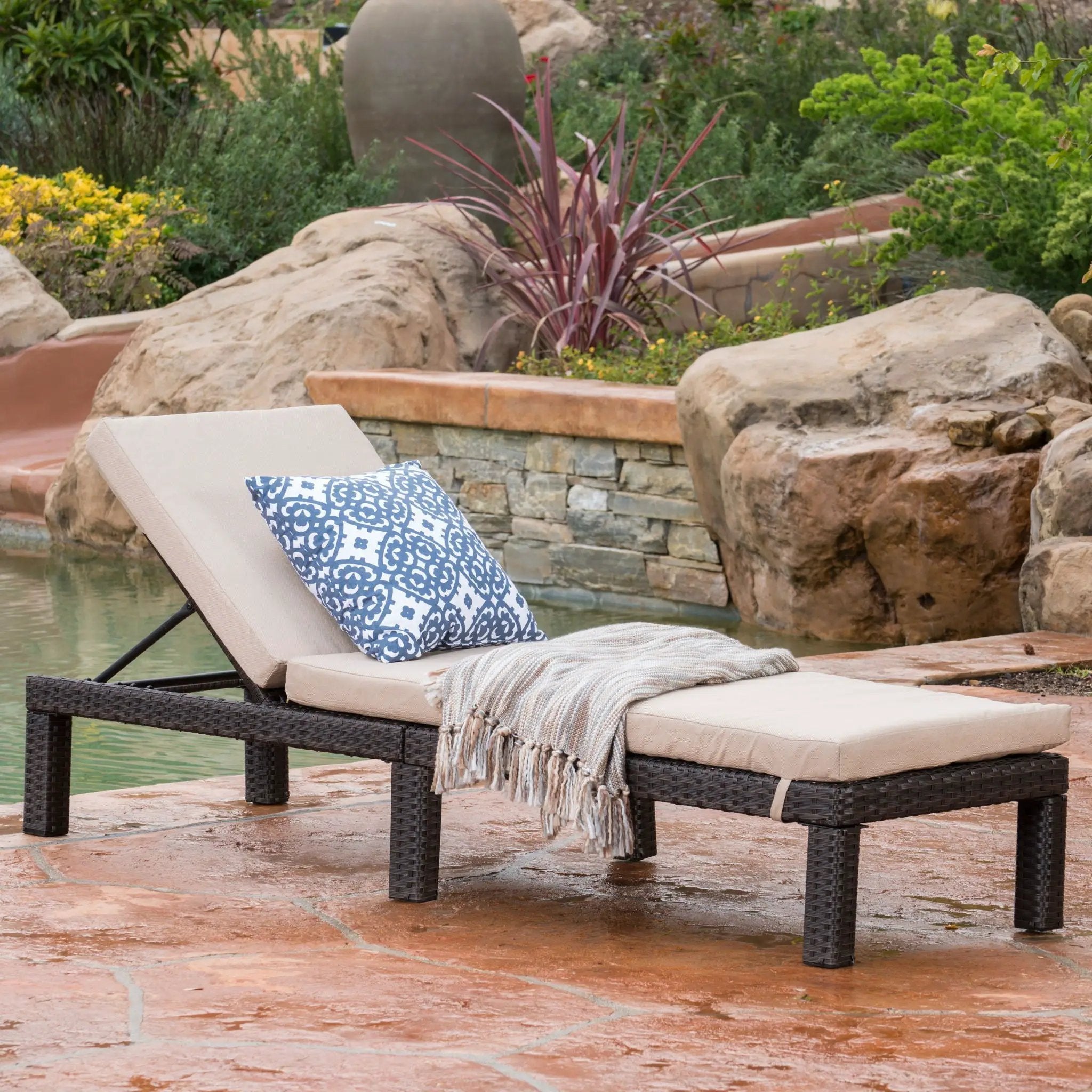 Puerta Chaise Lounge Frame Cushion Outdoor Wicker Iron - Beige / Dark Brown by HouseOfZazla
