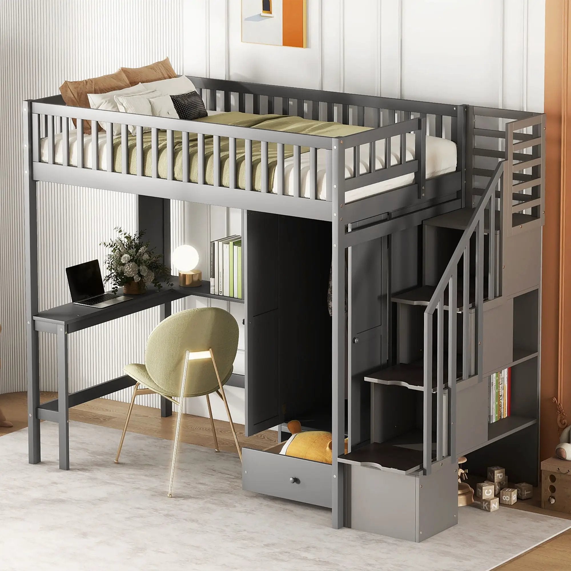 Loft Bed With Bookshelf, Drawers, Desk, And Wardrobe by HouseOfZazla