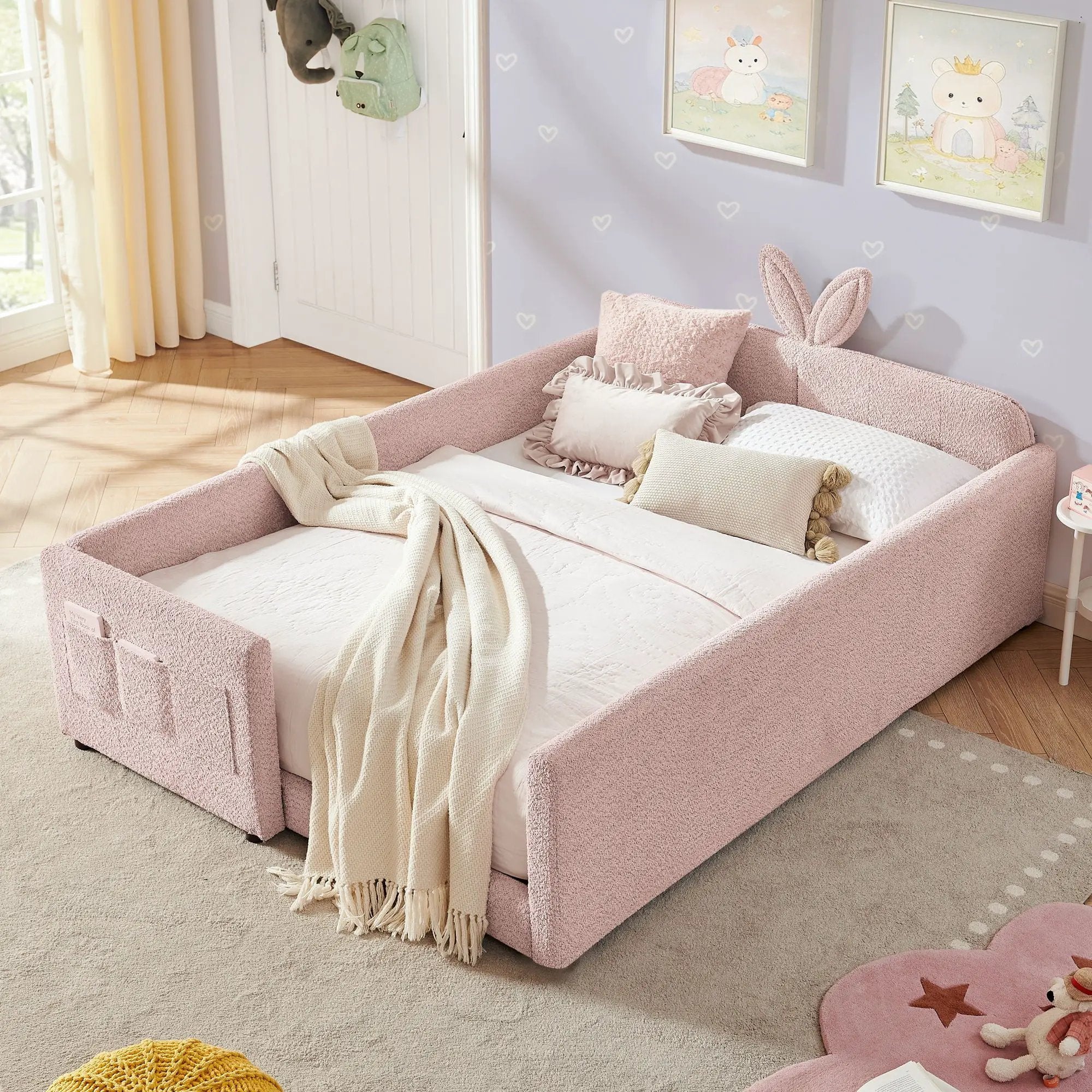 Cute Rabbit Ear Upholstered Platform Bed Frame With Safety Rail by Unique Piece Furniture