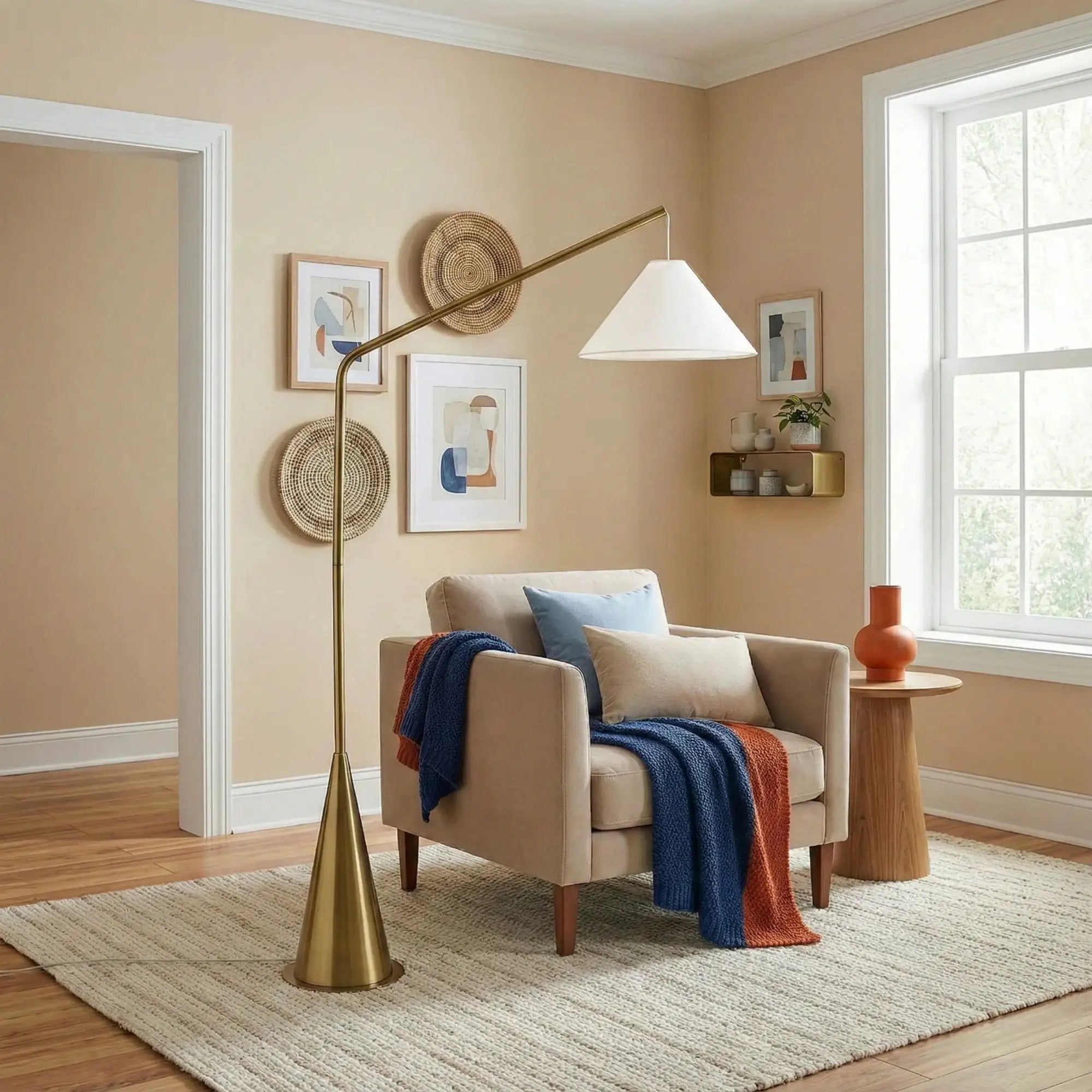 Lisbon - Floor Lamp With On / Off Switch Coned Base Hanging Shade - Antique Brass / White by Unique Piece Furniture