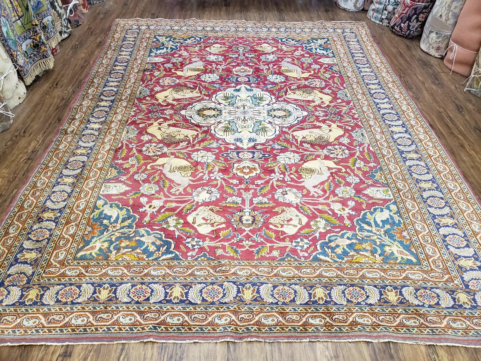 Antique Turkish Sivas Area Rug 8x11, Hand-Knotted, Vintage Red Wool Carpet, Gazelles Lions, Boteh Border, 8' x 11' Top Quality Oriental Rug by Jewel Rugs
