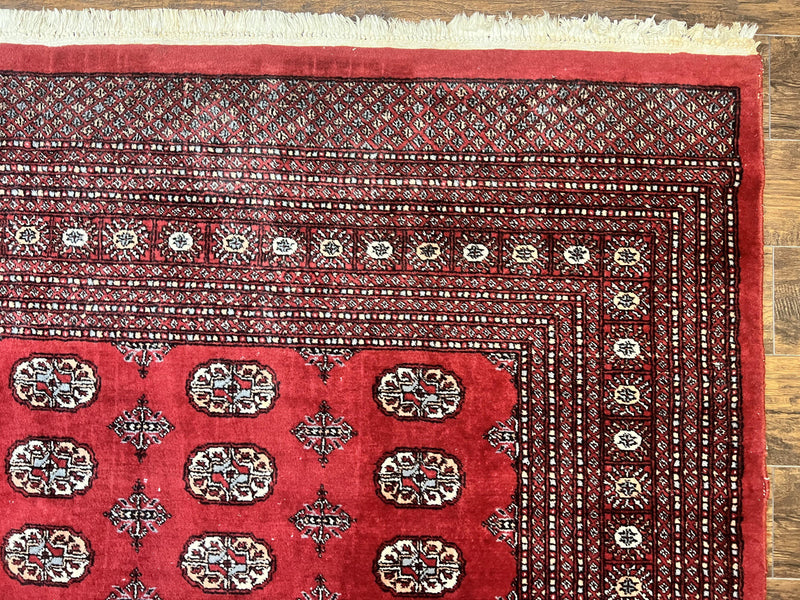Turkoman Rug 8 x 11.6, Red Bokhara Pakistani Carpet, Wool Handmade Vintage Rug by Jewel Rugs