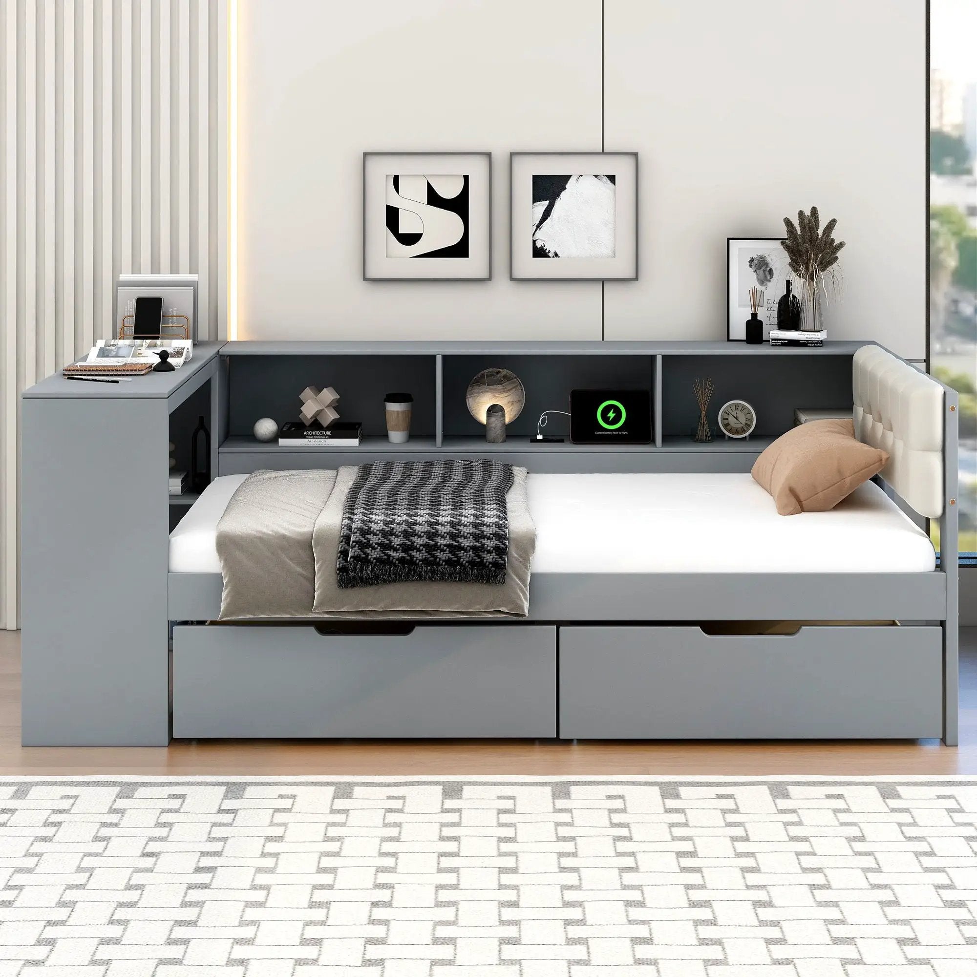 Upholstered Headboard Platform Bed With Storage Shelves, Drawers, Charging Station by Unique Piece Furniture