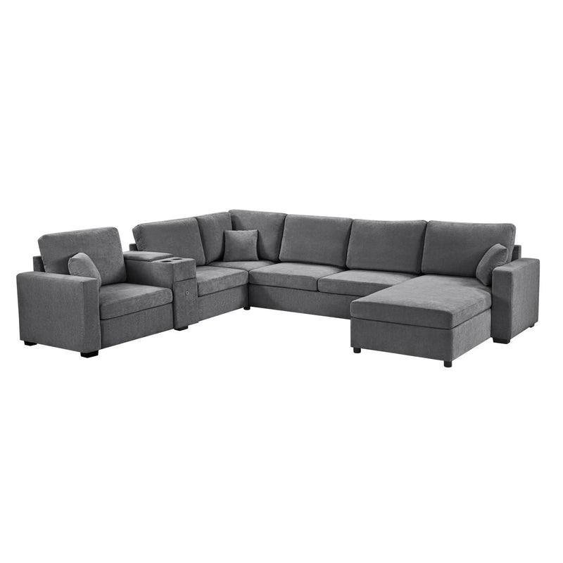 Modular 5 Seat U-Shape Sectional Sofa With Chaise Lounge, Built In Cup Holders And Storage Drawer by Unique Piece Furniture