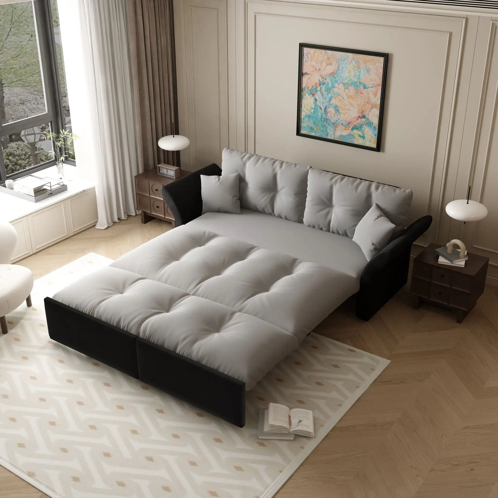 Queen Pull Out, 3 In 1 Convertible Sleeper Tufted Sofa & 2 Soft Pillows by HouseOfZazla